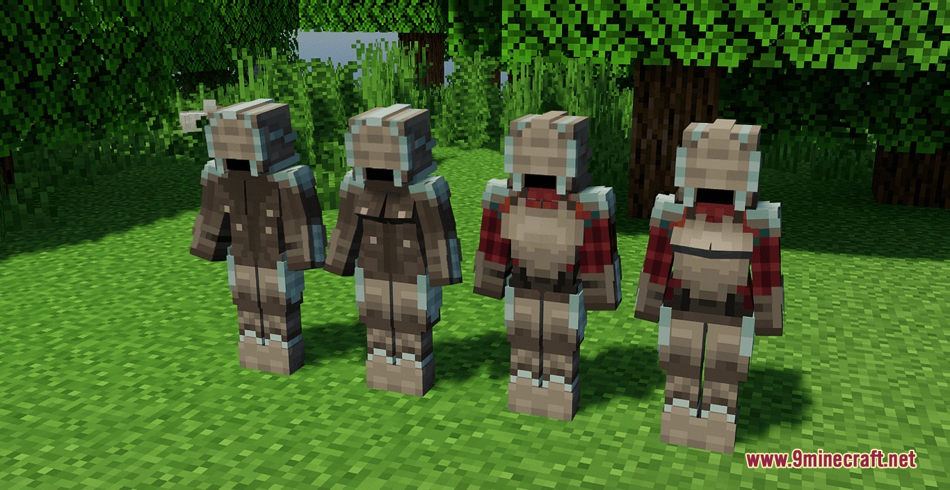 Waifu Husbando Villagers & Illagers Resource Pack Screenshot 5 Four armored guard models standing in a grassy forest clearing