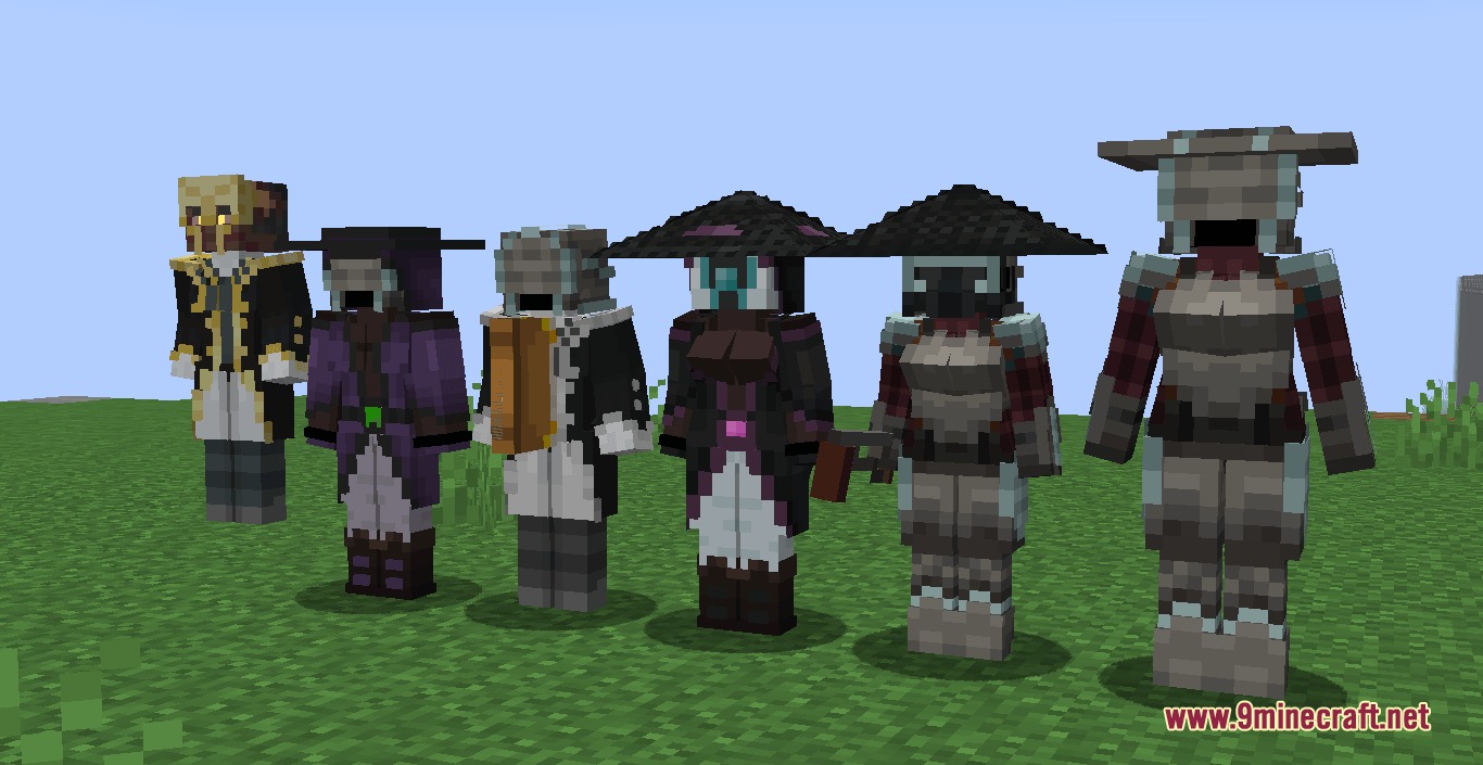 Waifu Husbando Villagers & Illagers Resource Pack Screenshot 6 Six stylized human character models with unique outfits standing in a line