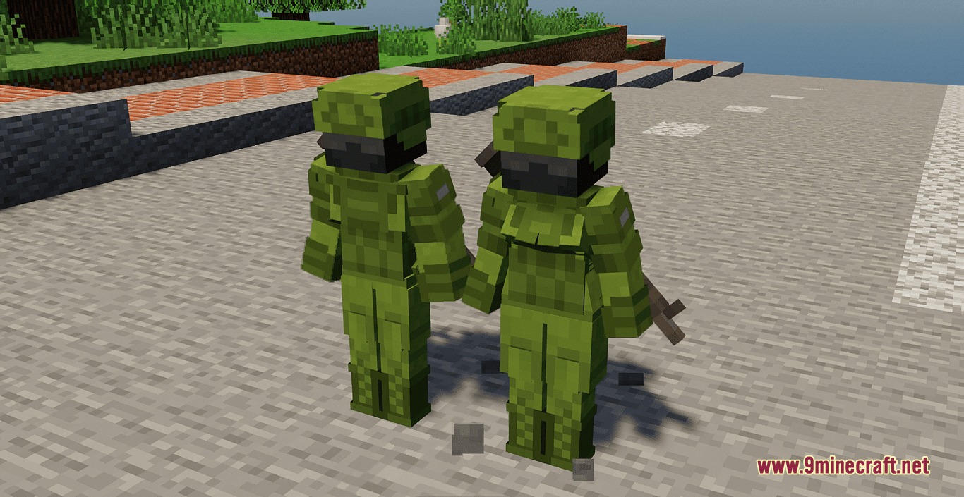 Waifu Husbando Villagers & Illagers Resource Pack Screenshot 7 Two Minecraft soldiers in green tactical gear standing on a road