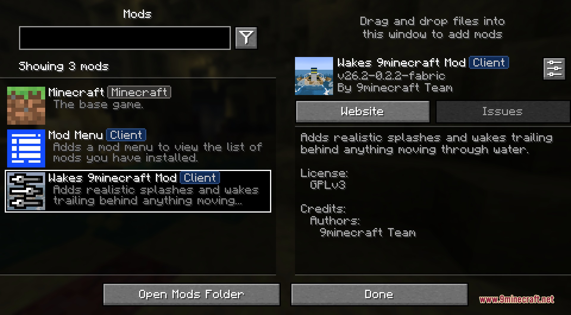 The Minecraft mod menu displaying details for the Wakes 9minecraft Mod