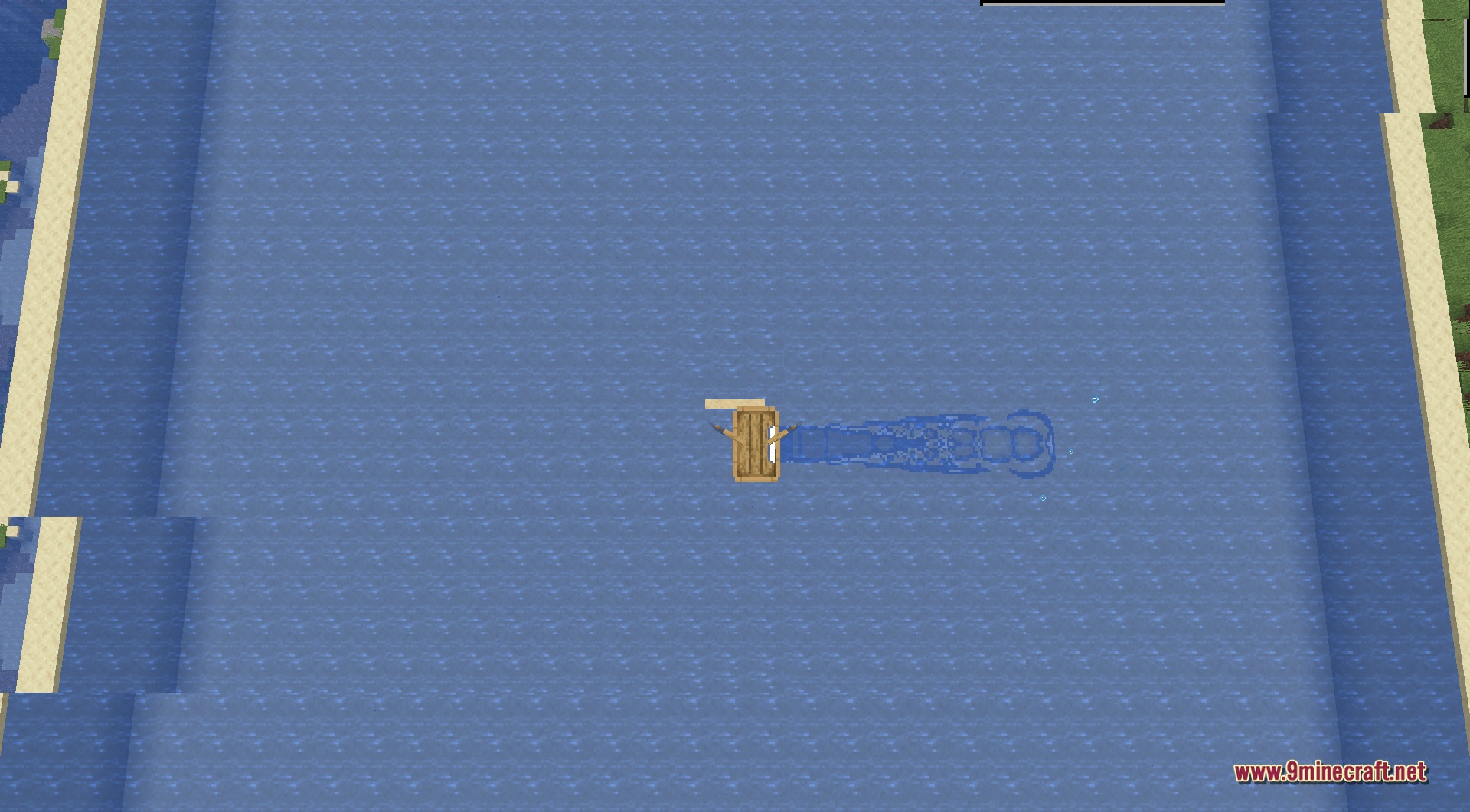 A wooden boat moving across the water leaving a realistic blue wake