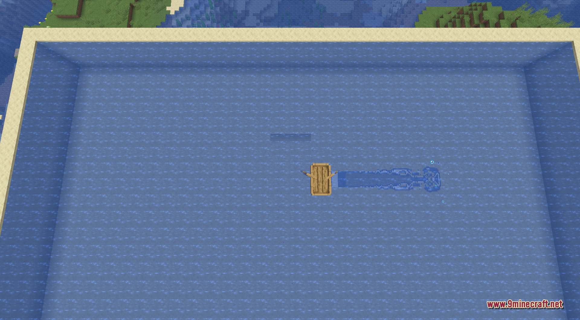 A wooden boat moving across the water leaving a realistic trailing wake behind
