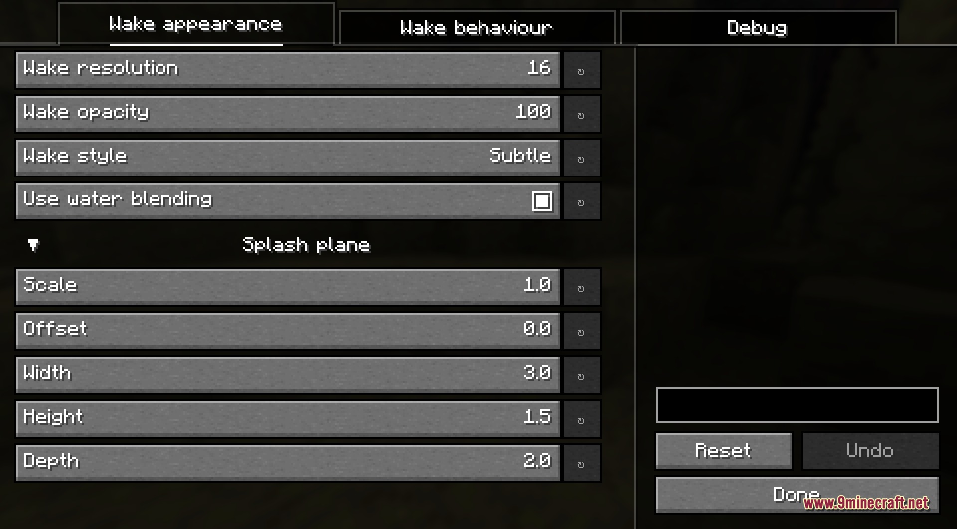 The configuration menu for adjusting wake appearance and behavior settings in Minecraft
