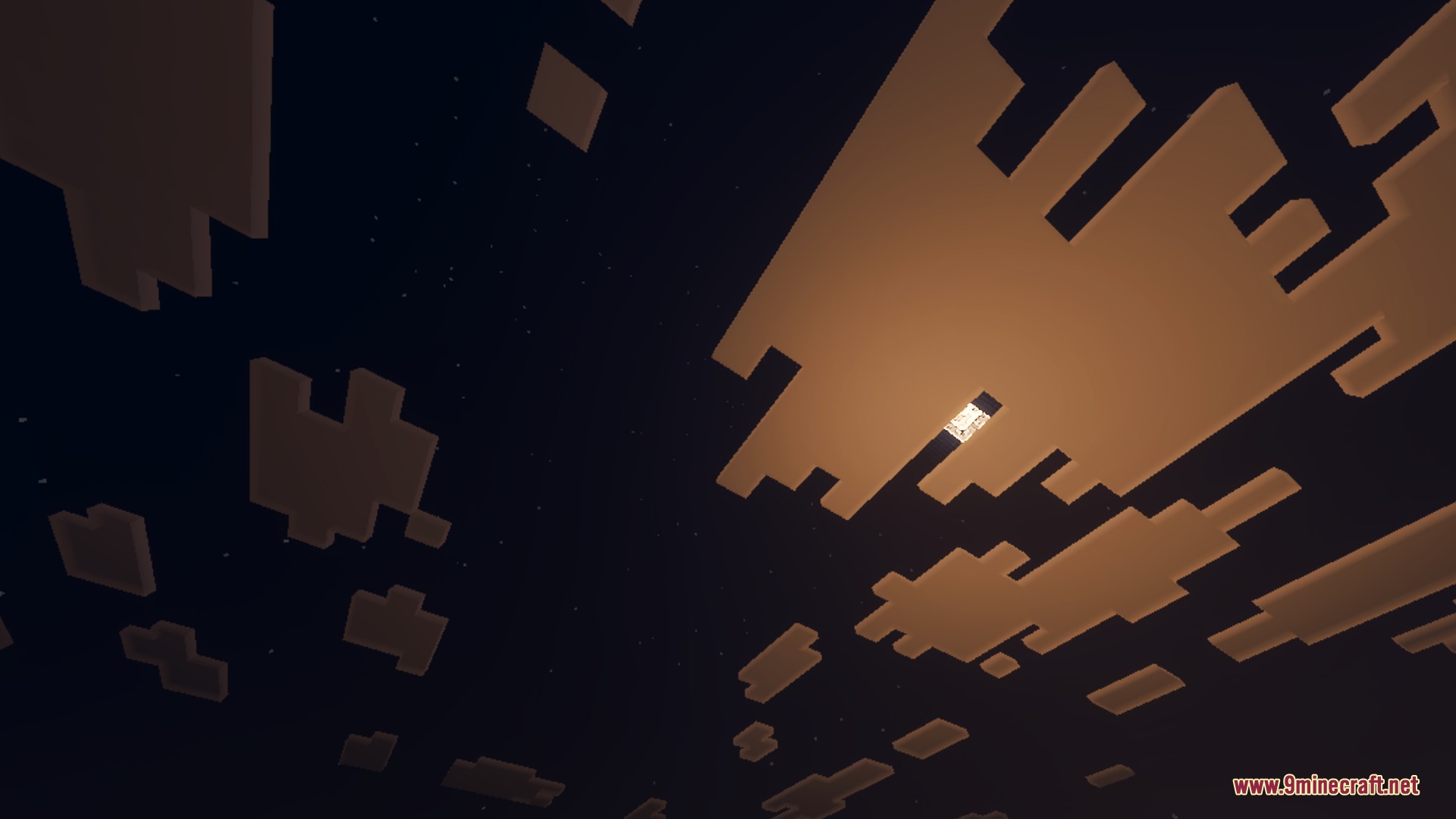 The moon shines through blocky clouds in a dark Minecraft night sky