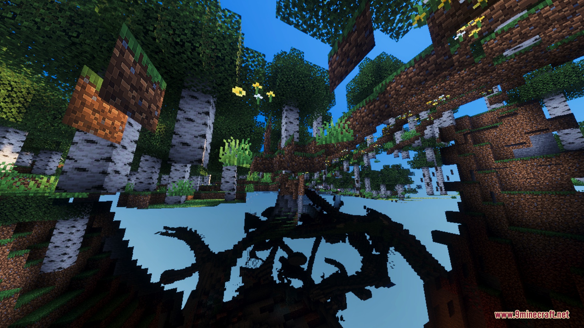 Distorted landscape with floating blocks and birch trees in a glitched world