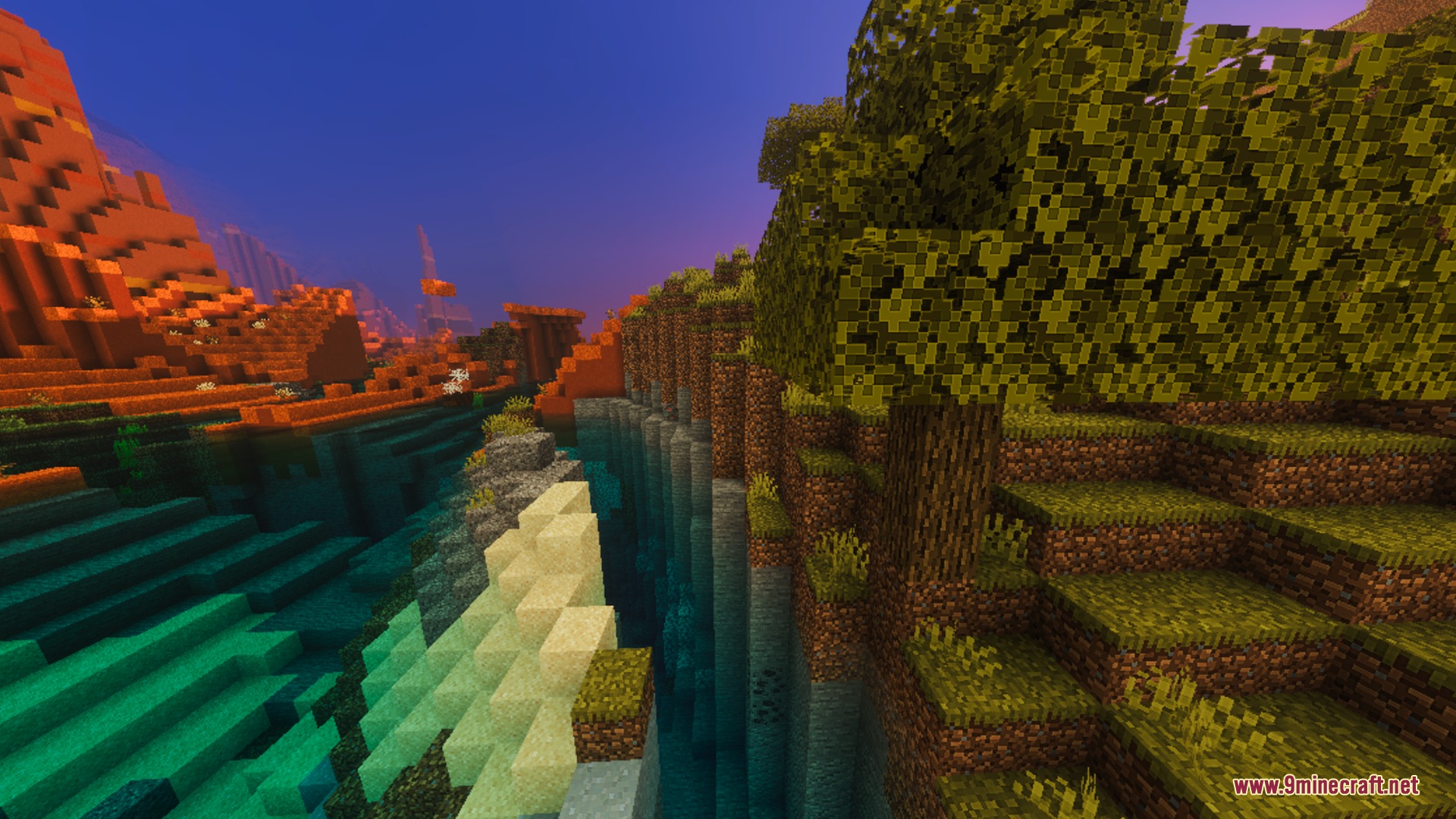 WarmLight shader enhances the sunset lighting and water reflections in a river valley