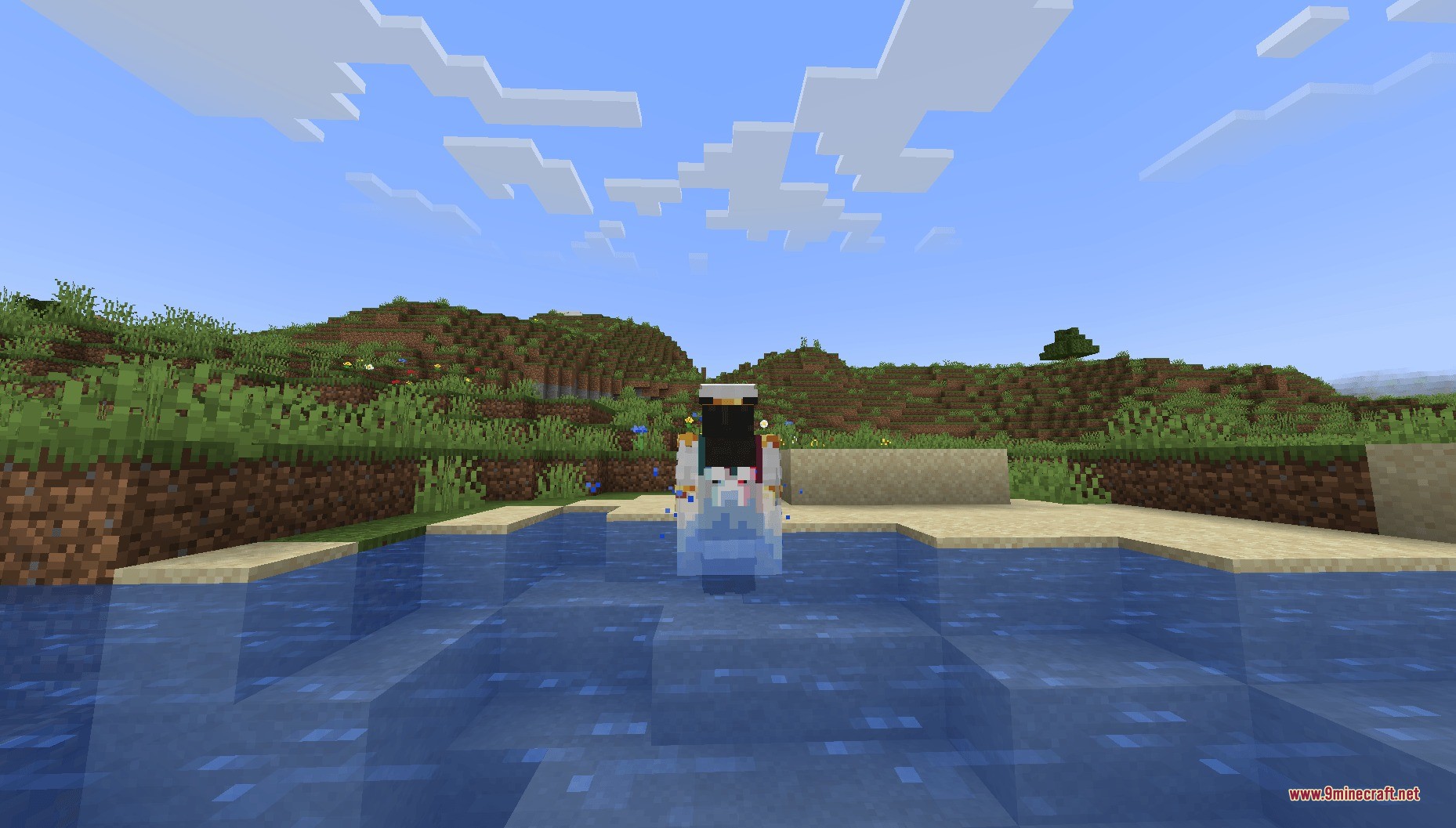 Water Splashes and Waves Surface Data Pack Screenshot 1 Minecraft character creates a large splash when jumping into a lake