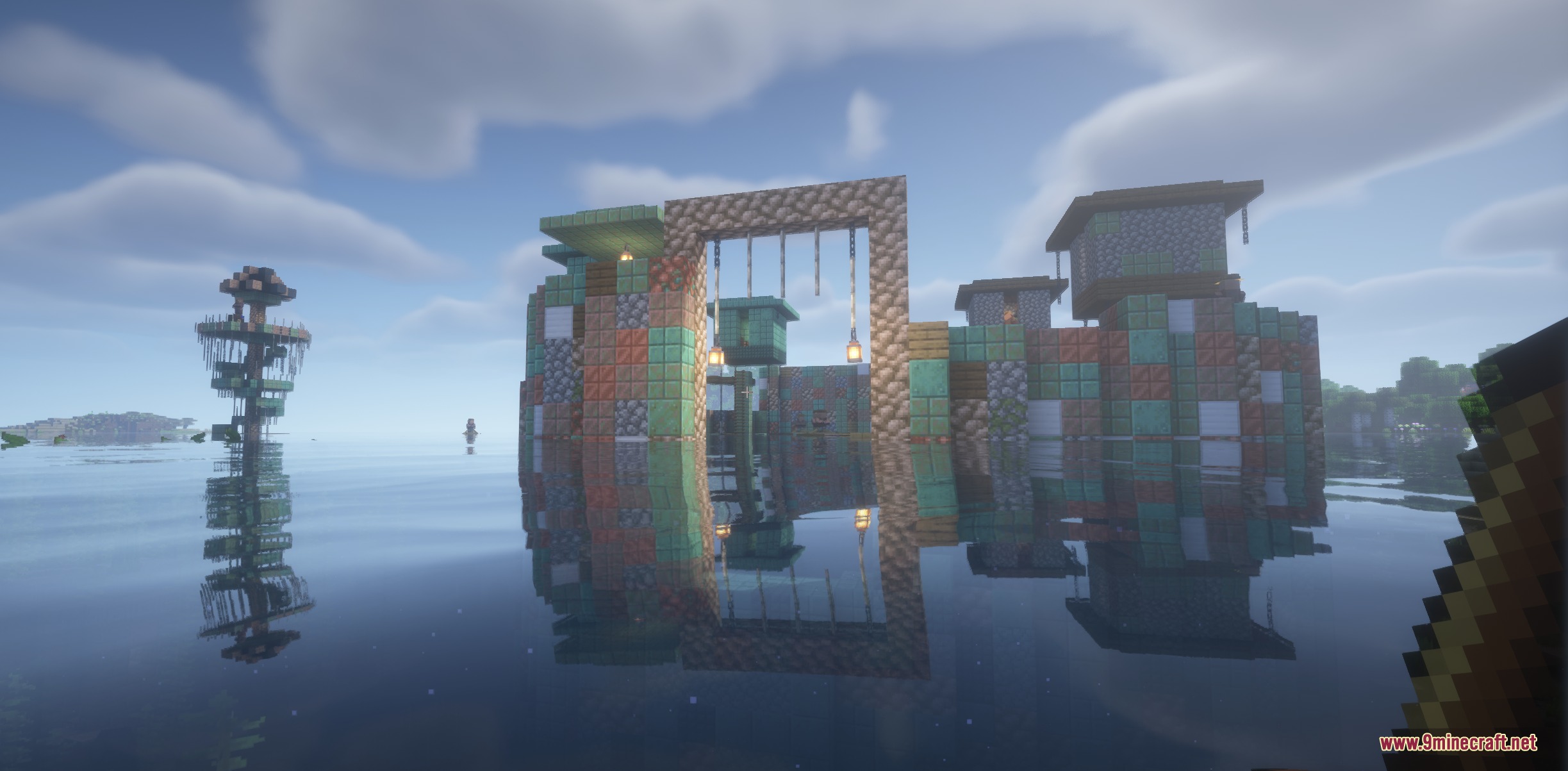 Water World Atolls Mod Screenshot 2 A large wooden gate and defensive scrap walls of a floating ocean village