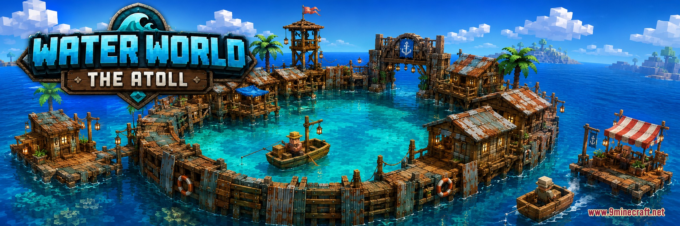 Water World Atolls Mod Screenshot 3 Water World Atolls mod adds circular floating settlements with wooden huts and watchtowers