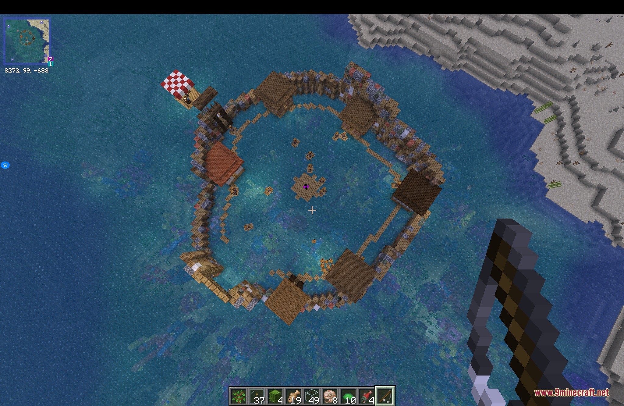 Water World Atolls Mod Screenshot 4 Aerial view of a circular wooden base layout floating on the water surface