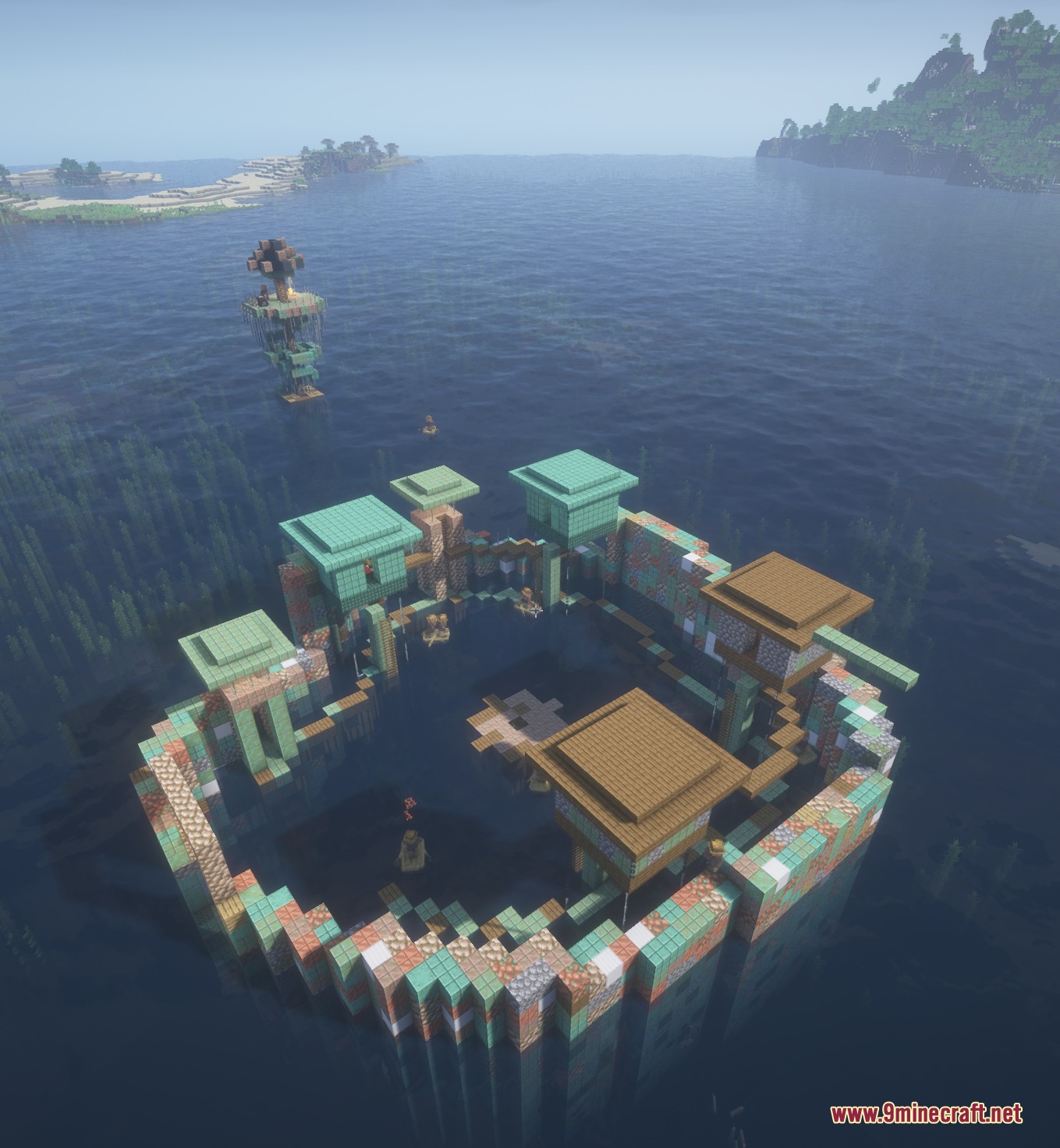 Water World Atolls Mod Screenshot 5 Circular floating atoll settlement with scrap walls and stilt huts in the ocean