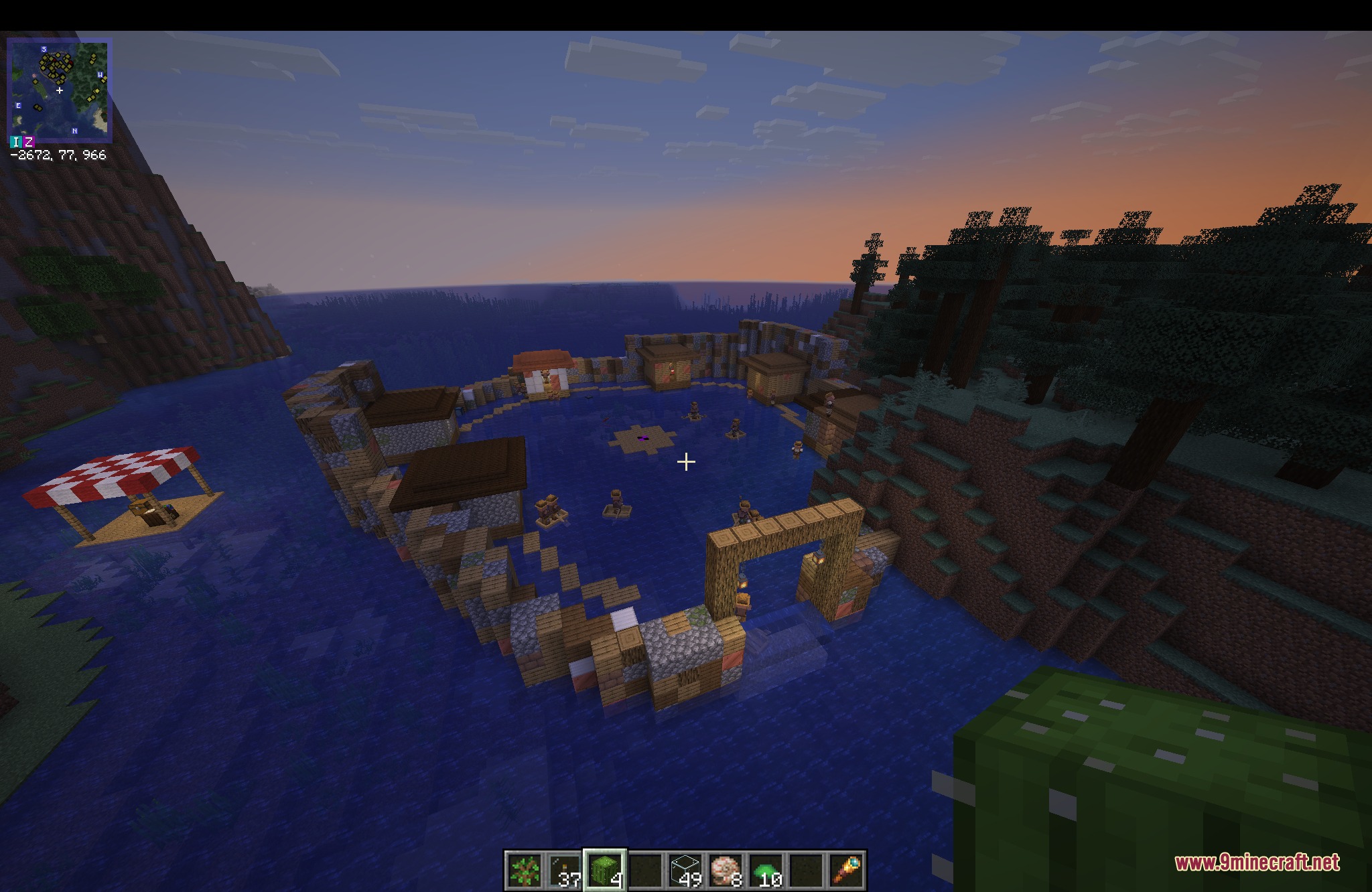 Water World Atolls Mod Screenshot 7 Water World Atolls Mod adds floating settlements with scrap walls in the ocean