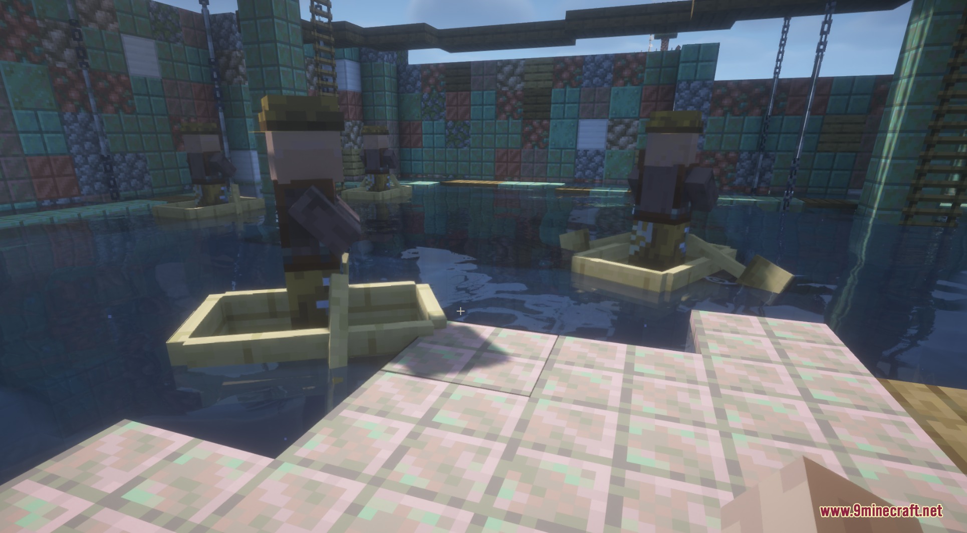 Water World Atolls Mod Screenshot 8 Fisherman villagers rowing wooden boats inside a lagoon surrounded by scrap walls