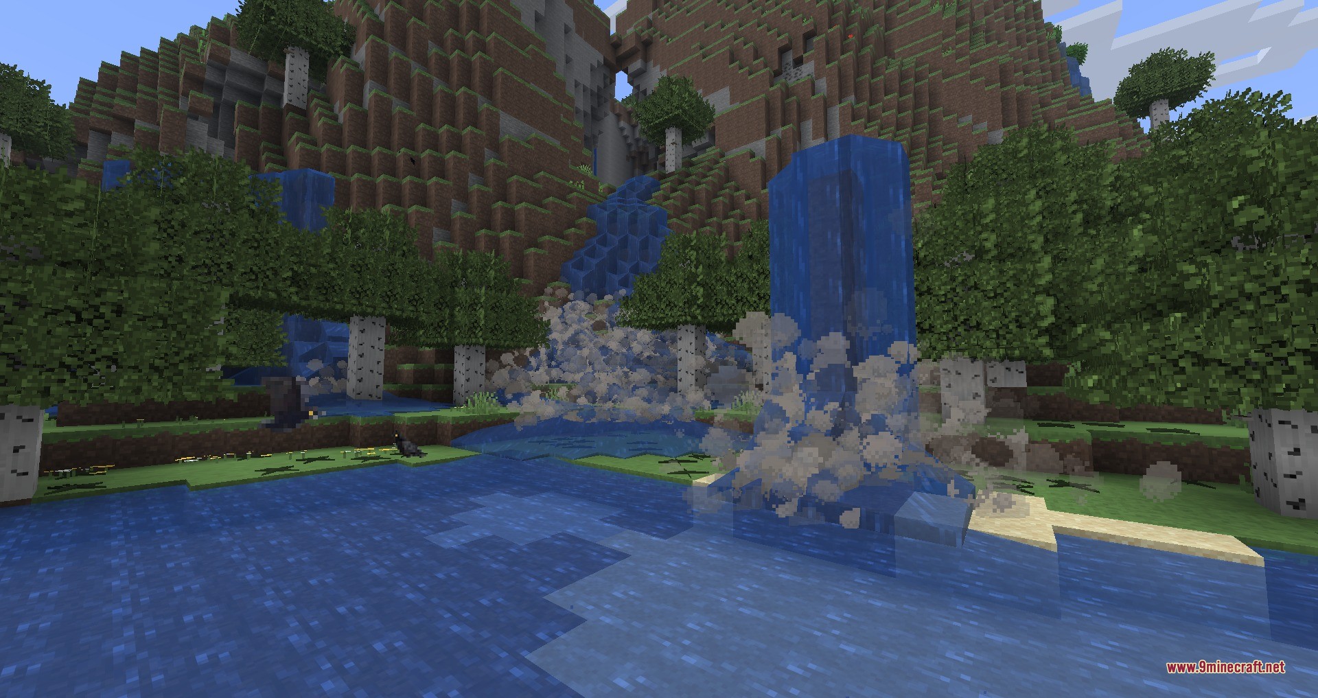 Waterfall Particles Data Pack Screenshot 1 Splashing water particles appearing at the base of a flowing mountain waterfall