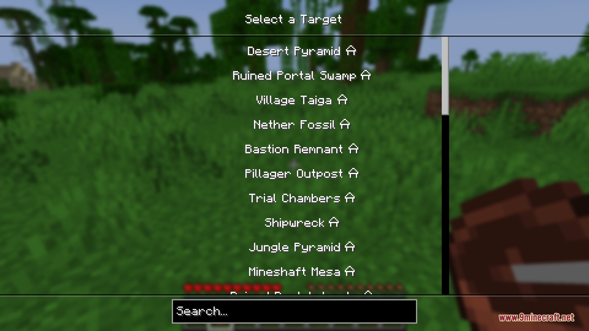 Waypoint Tracker Mod Screenshot 2 Selection menu for choosing structures and biomes to track in Minecraft