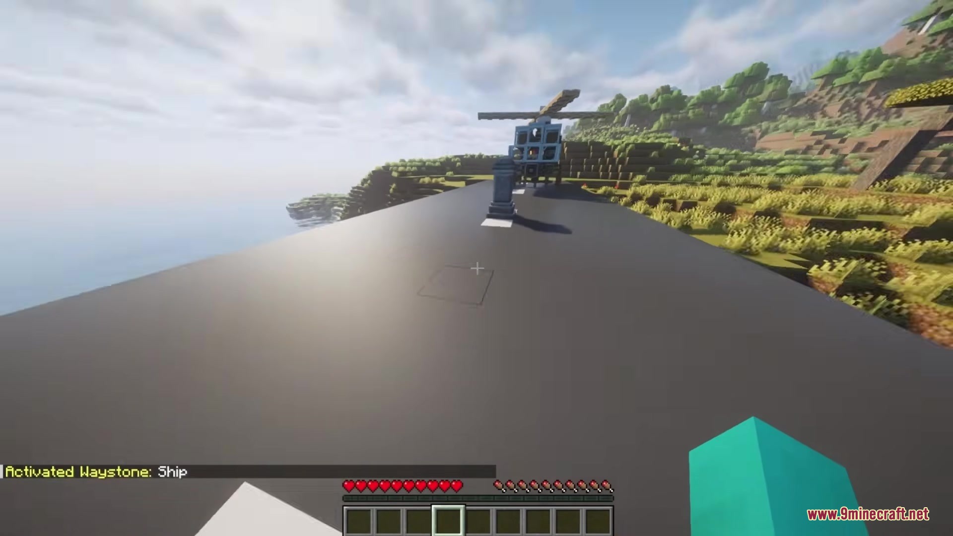 Waystones Sable Create Aeronautics Addon Mod Screenshot 2 Player standing near a waystone on a ship deck with a helicopter