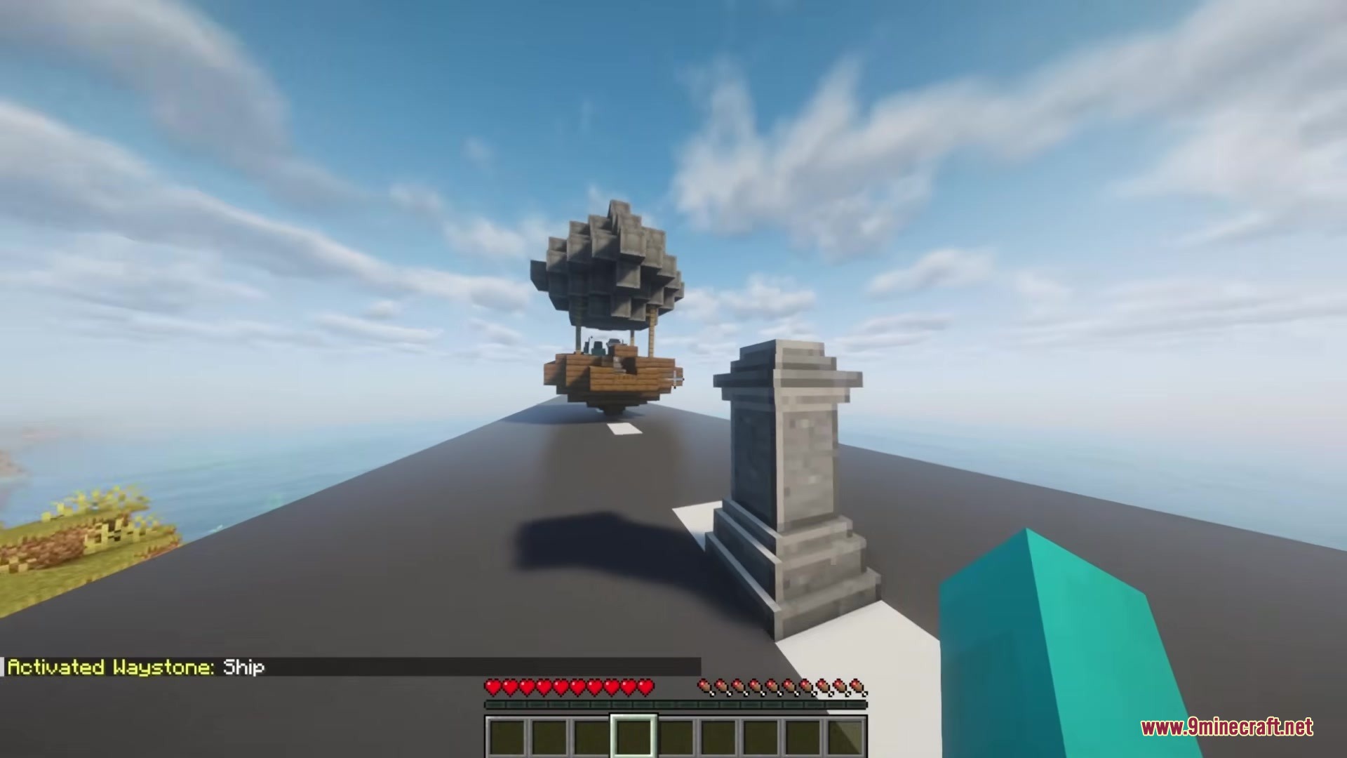 Waystones Sable Create Aeronautics Addon Mod Screenshot 3 A stone waystone pillar stands on a platform with an airship behind