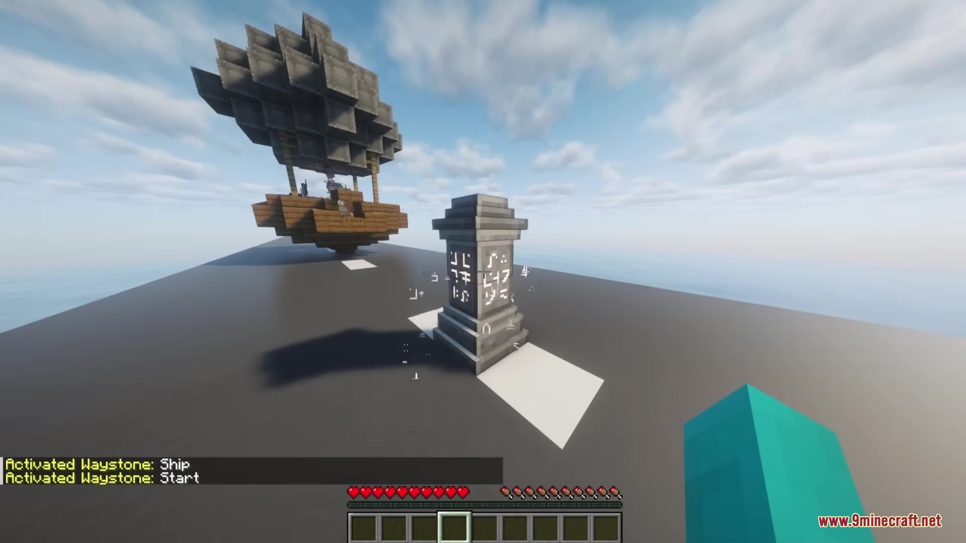 Waystones Sable Create Aeronautics Addon Mod Screenshot 4 The stone waystone pillar glows with runes next to a small airship