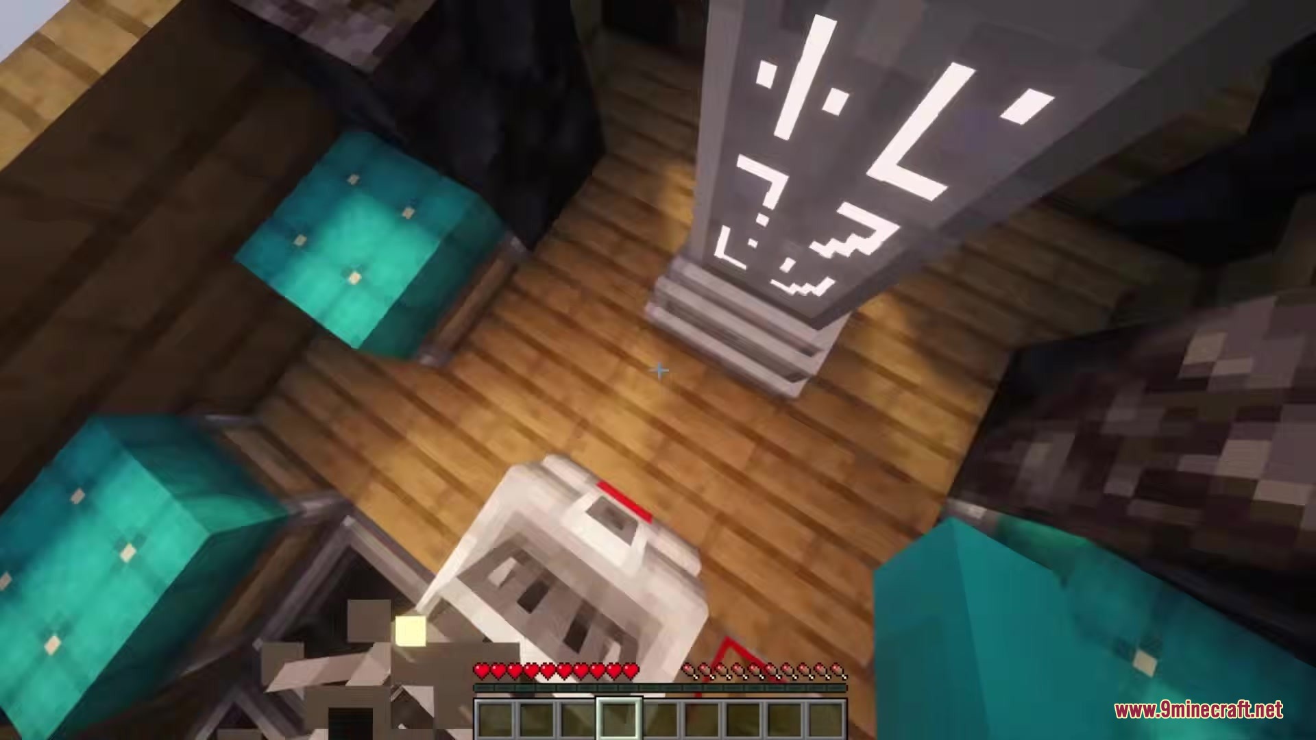 Waystones Sable Create Aeronautics Addon Mod Screenshot 5 A waystone with glowing runes stands on a wooden floor in Minecraft