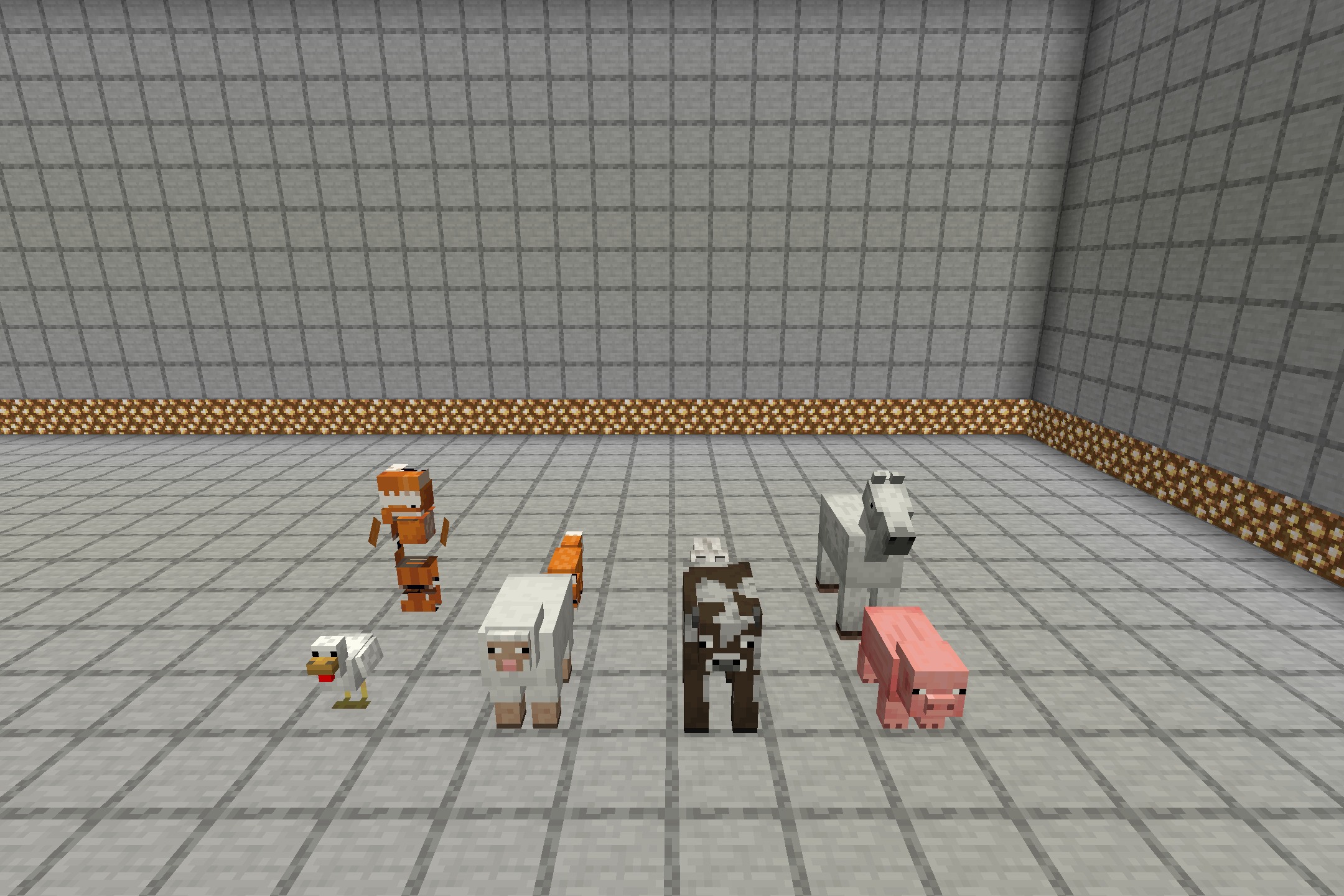 We Don't Bite by Twinberrycheesecake Resource Pack Screenshot 1 Fox villager and farm animals standing in a gray tiled room