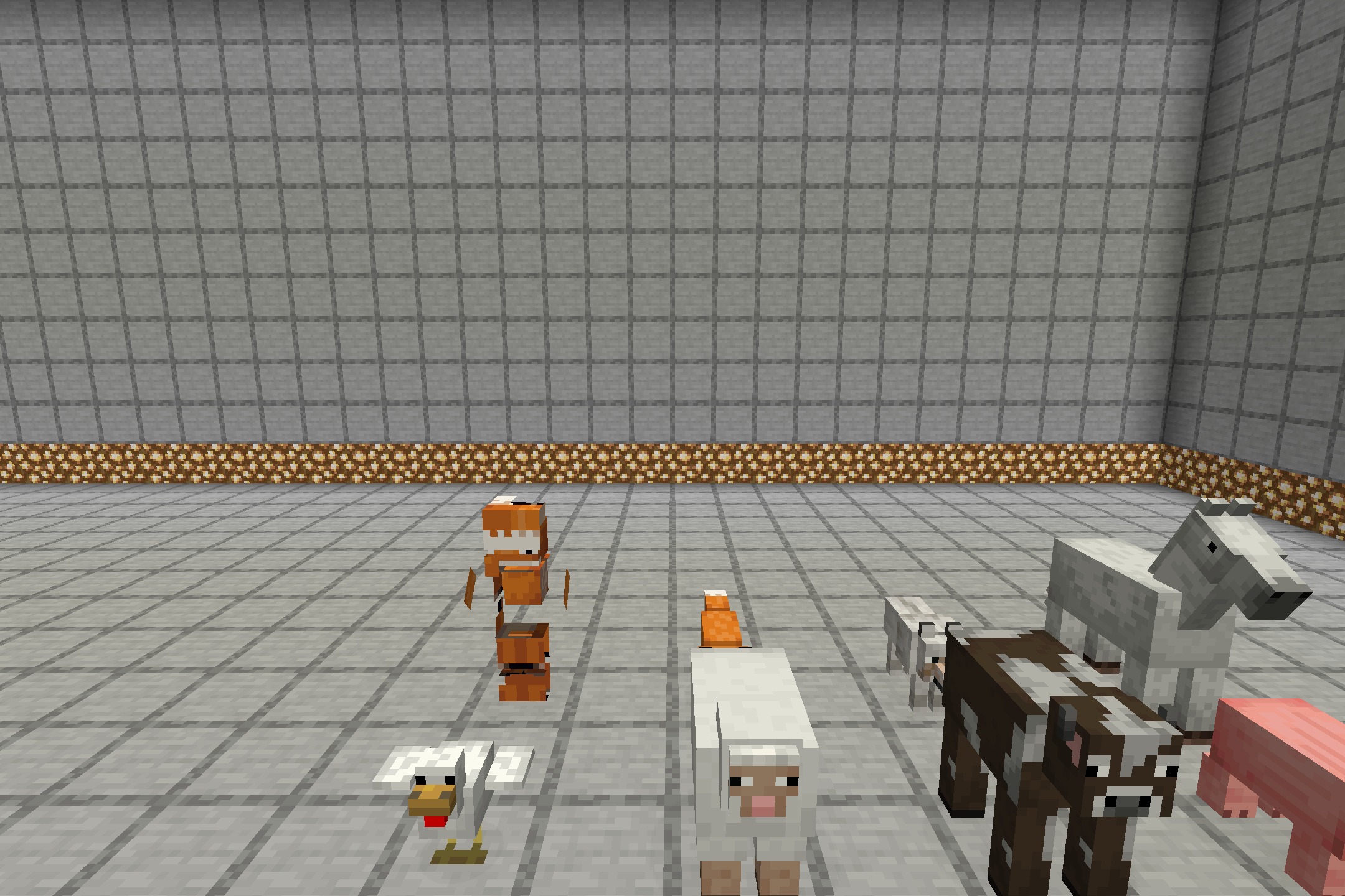 We Don't Bite by Twinberrycheesecake Resource Pack Screenshot 3 Fox villager standing among various farm animals in a stone room