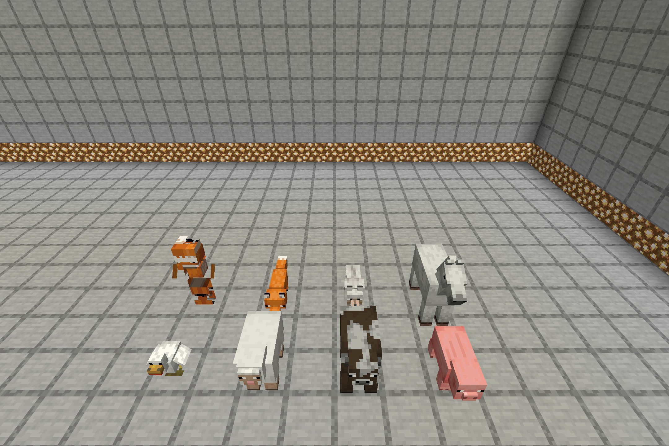 We Don't Bite by Twinberrycheesecake Resource Pack Screenshot 5 Minecraft animals and fox villagers standing together on a gray grid floor