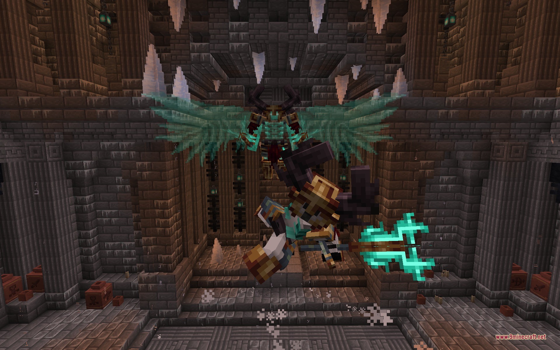 Player with glowing wings uses the Ancient Spear against a dungeon boss