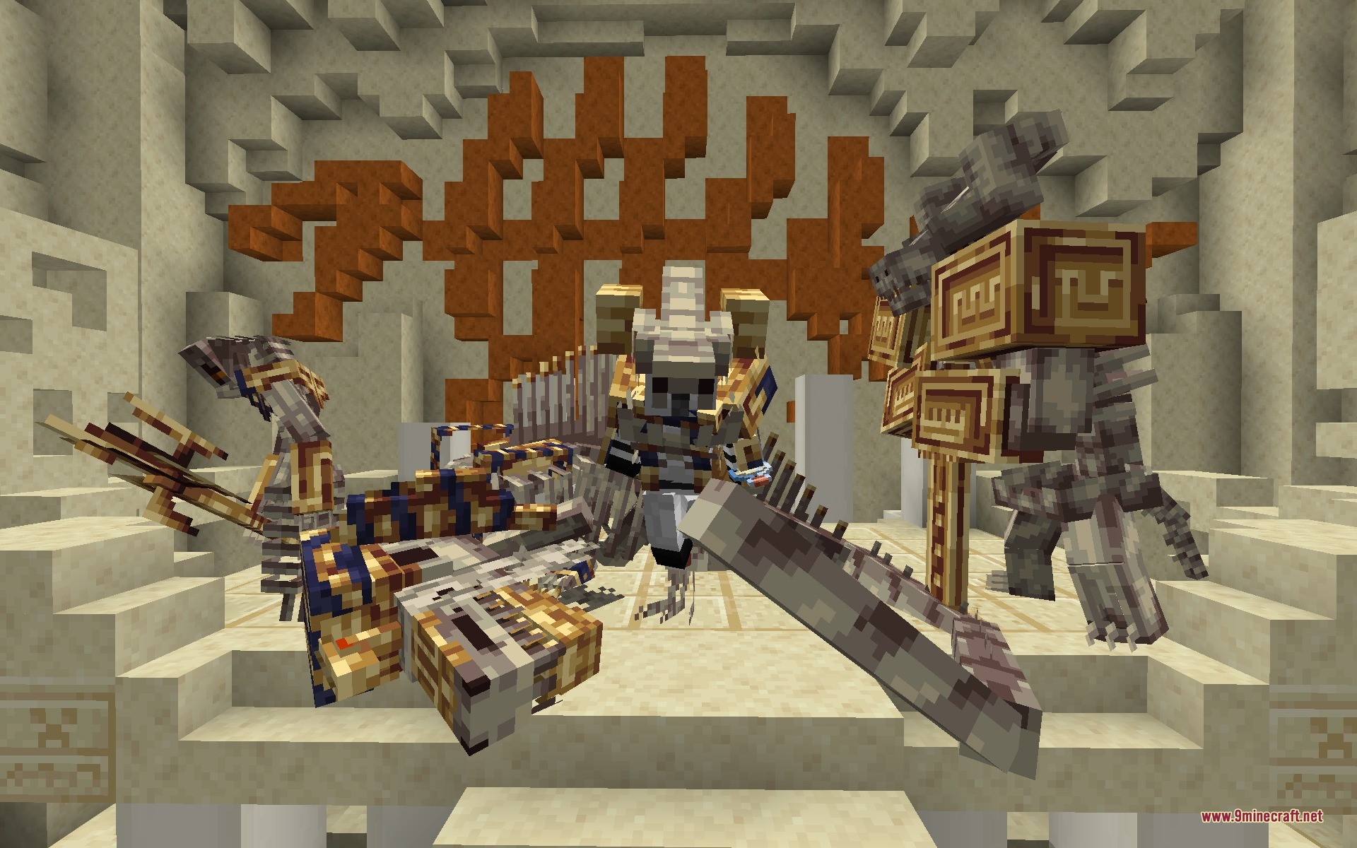 Ancient Remnant boss and skeletal desert weapons inside a sandy temple