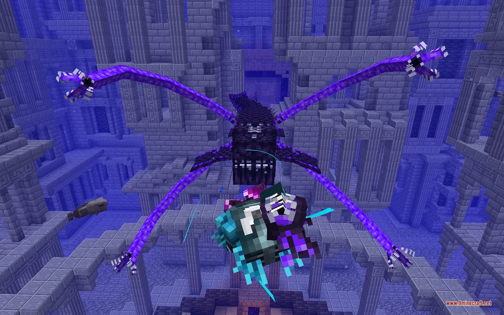 Leviathan boss attacking a player in a deep underwater city