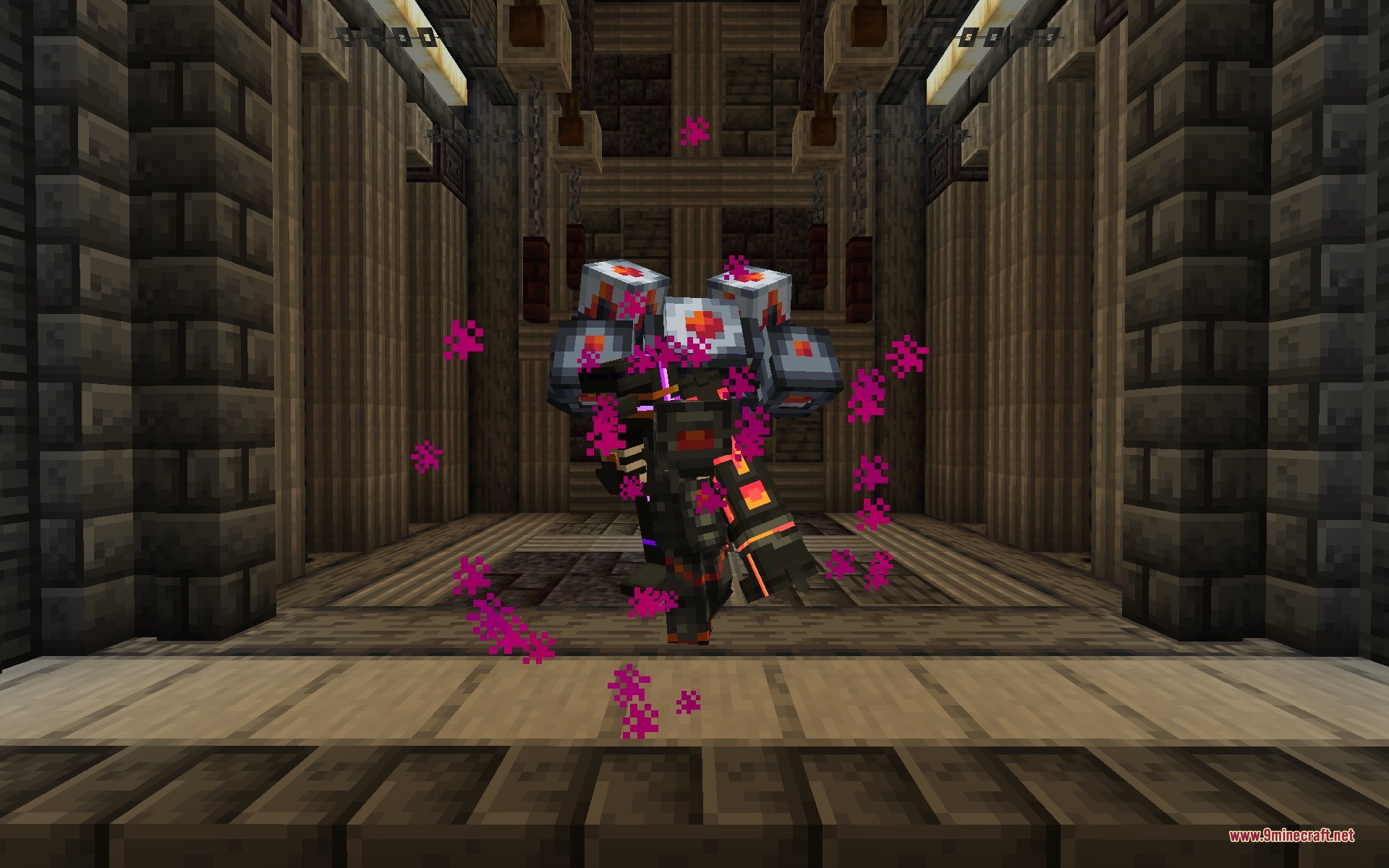 A player wearing heavy armor with shoulder cannons stands in a stone hallway