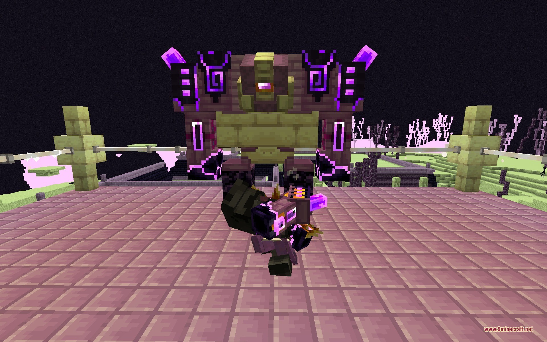 A player in purple armor performs a powerful combat move in the End dimension