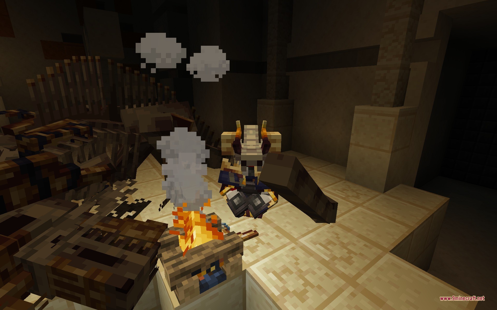 A Minecraft character wearing Ender Guardian armor sits resting by a campfire