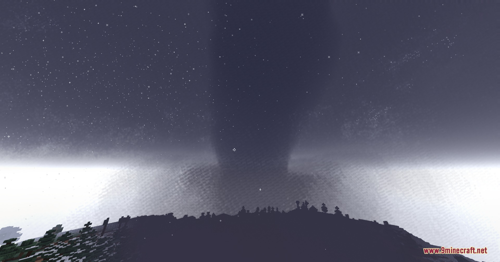 Weather Flux Mod Screenshot 1 A massive dark tornado descends from the sky onto a snowy Minecraft landscape