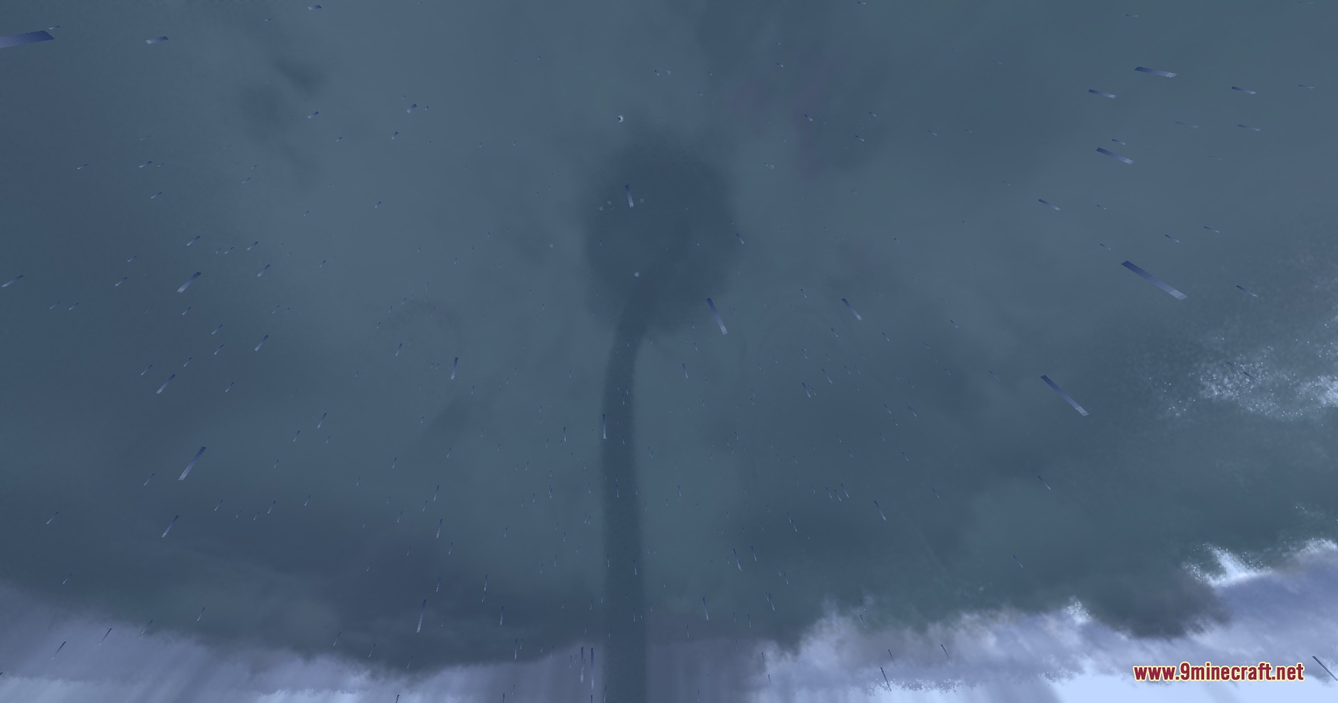 Weather Flux Mod Screenshot 3 A massive tornado funnel descending from dark storm clouds in a Minecraft world