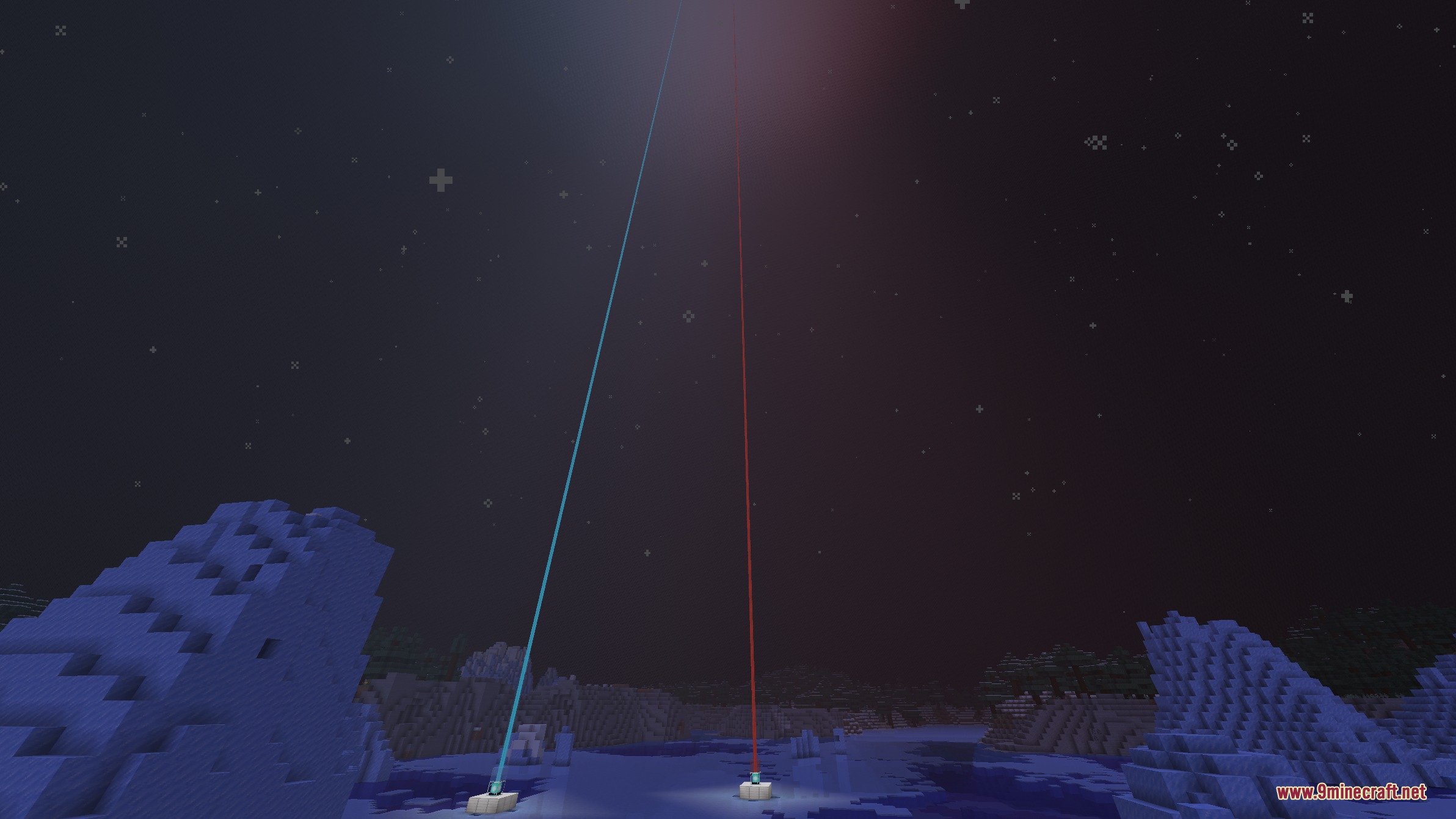 Weather Flux Mod Screenshot 4 Two colored beacon beams shining into the night sky in a snowy biome