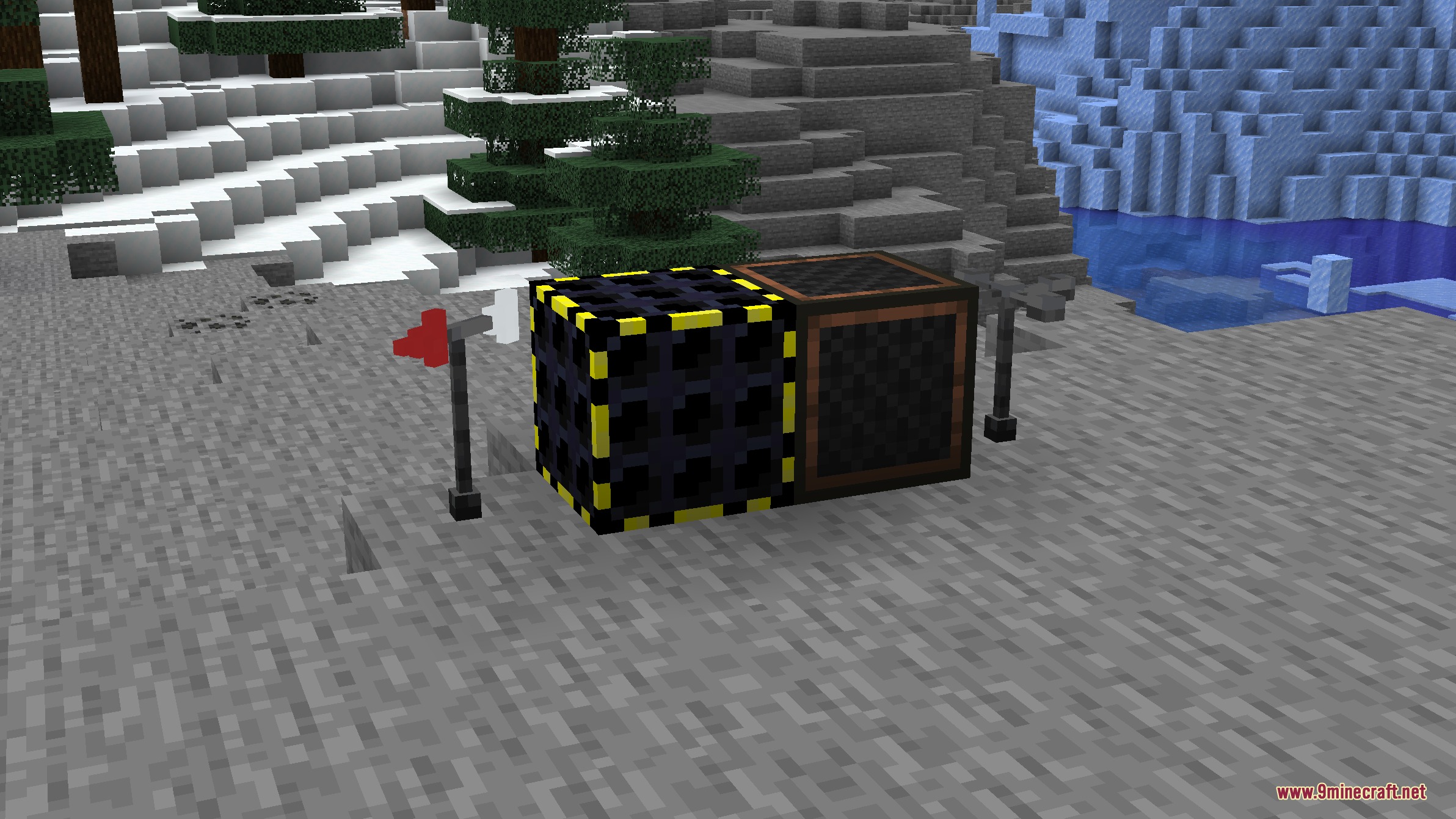 Weather Flux Mod Screenshot 7 A tornado siren and weather sensor blocks placed in a snowy landscape