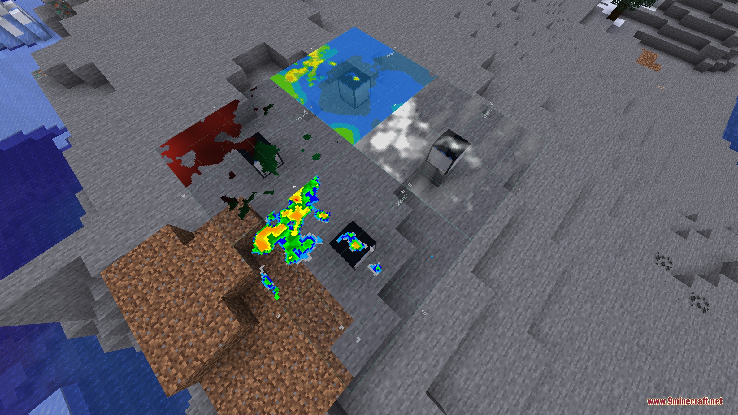 Weather Flux Mod Screenshot 8 Overhead view of multiple weather radar maps showing storm patterns on the ground