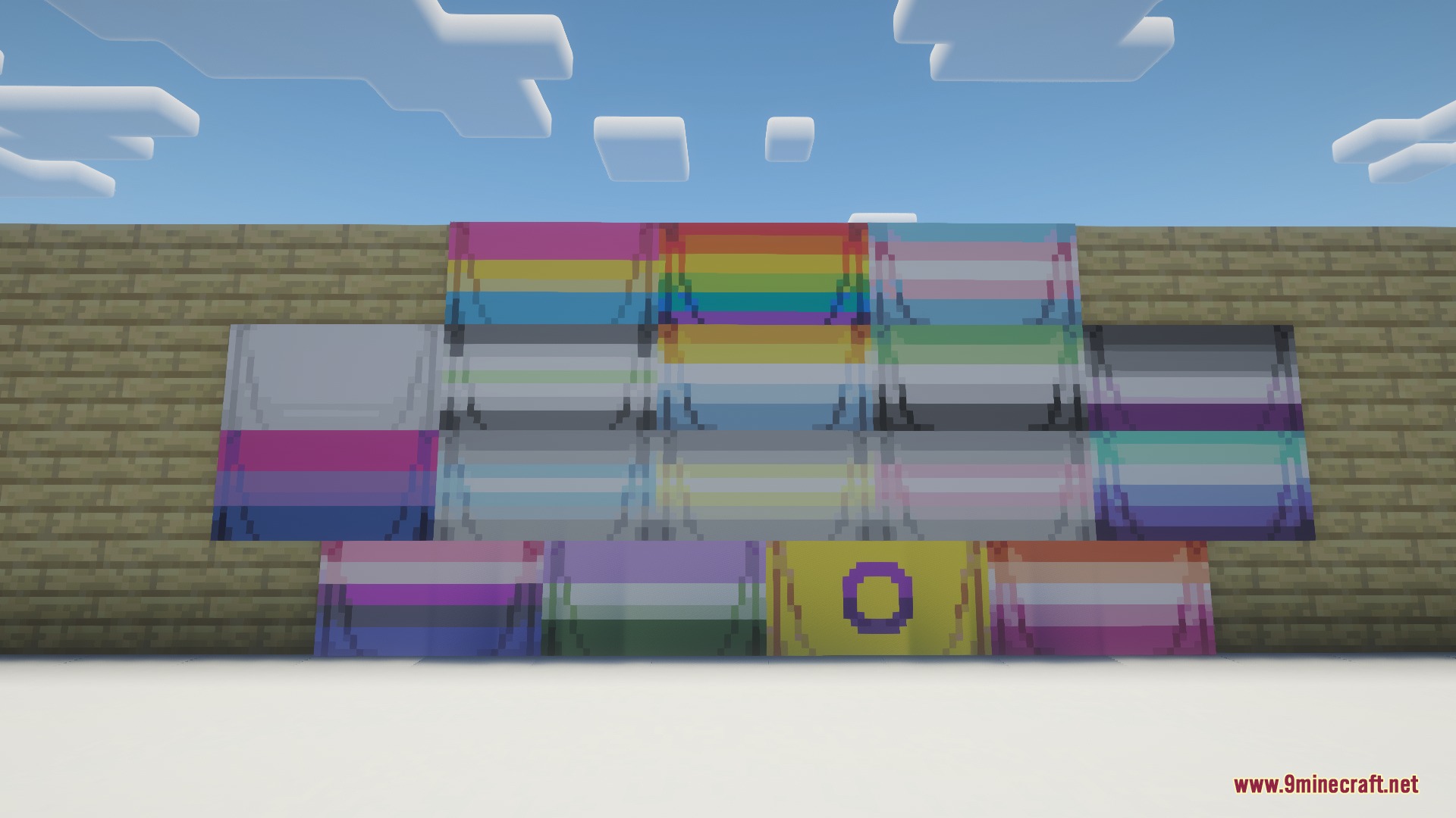 Weavers Paradise Mod Screenshot 1 A variety of colorful pride flags hanging on a wooden plank wall