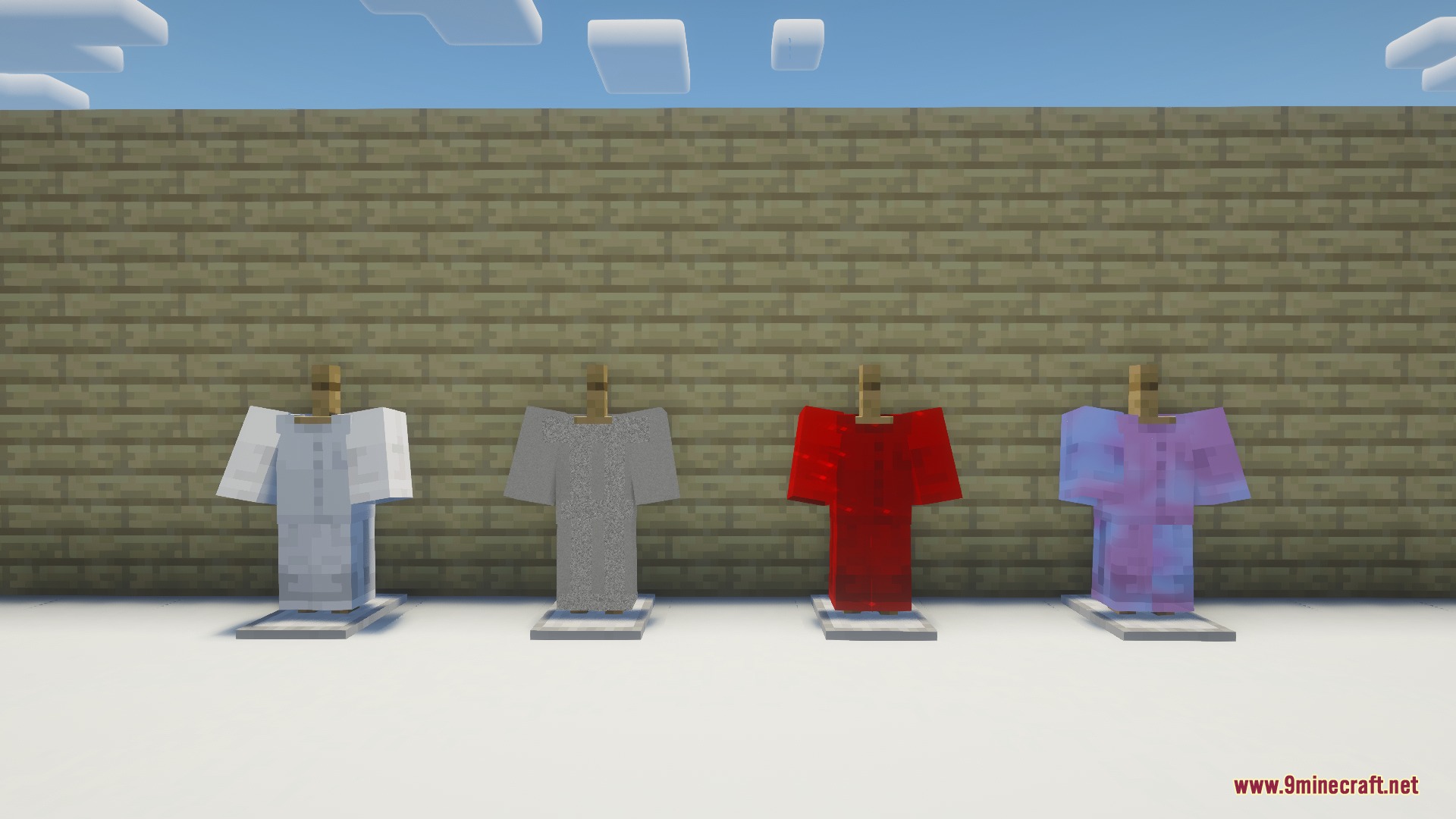 Weavers Paradise Mod Screenshot 2 Four armor stands wearing different colored robes from the Weavers Paradise Mod