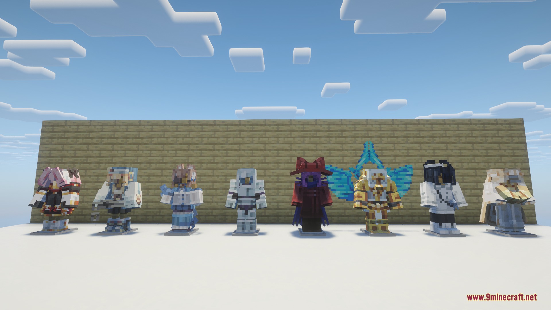 Weavers Paradise Mod Screenshot 4 Eight unique custom outfits are displayed on armor stands against a wall
