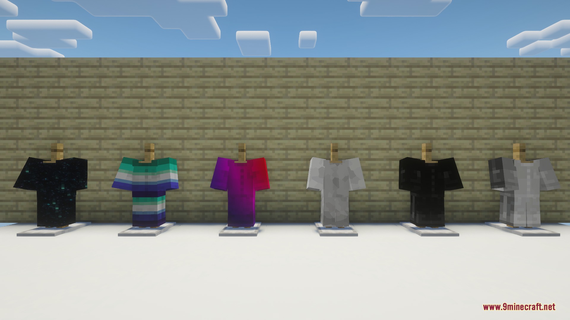 Weavers Paradise Mod Screenshot 5 Six armor stands displaying various colorful custom robes against a wooden wall