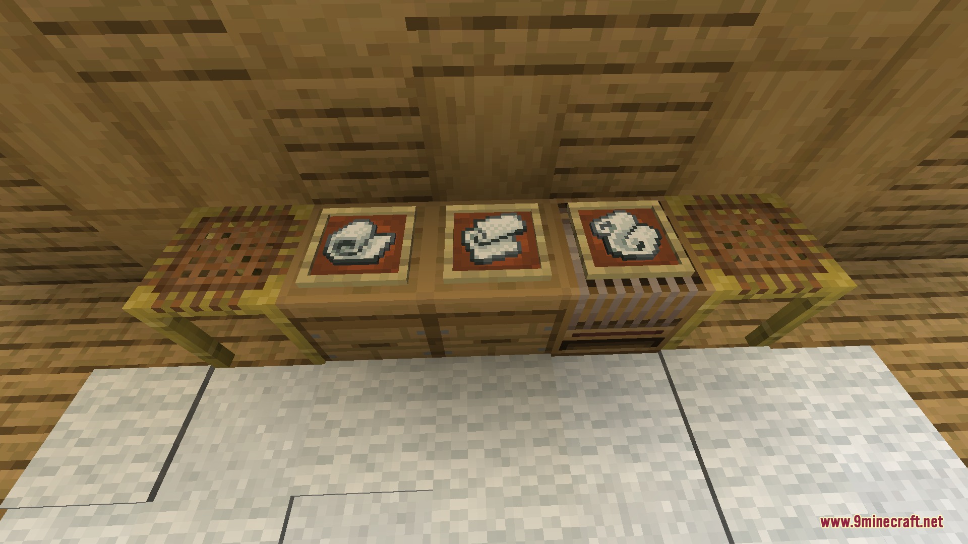 Weavers Paradise Mod Screenshot 7 Textile crafting stations showing raw fibers and threads inside item frames