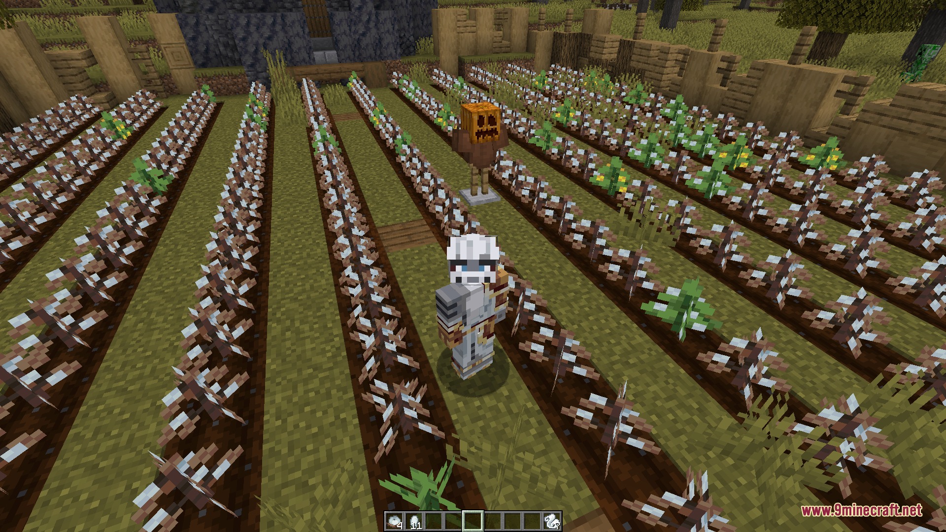 Weavers Paradise Mod Screenshot 8 Player wearing custom garments standing in a large field of cotton plants