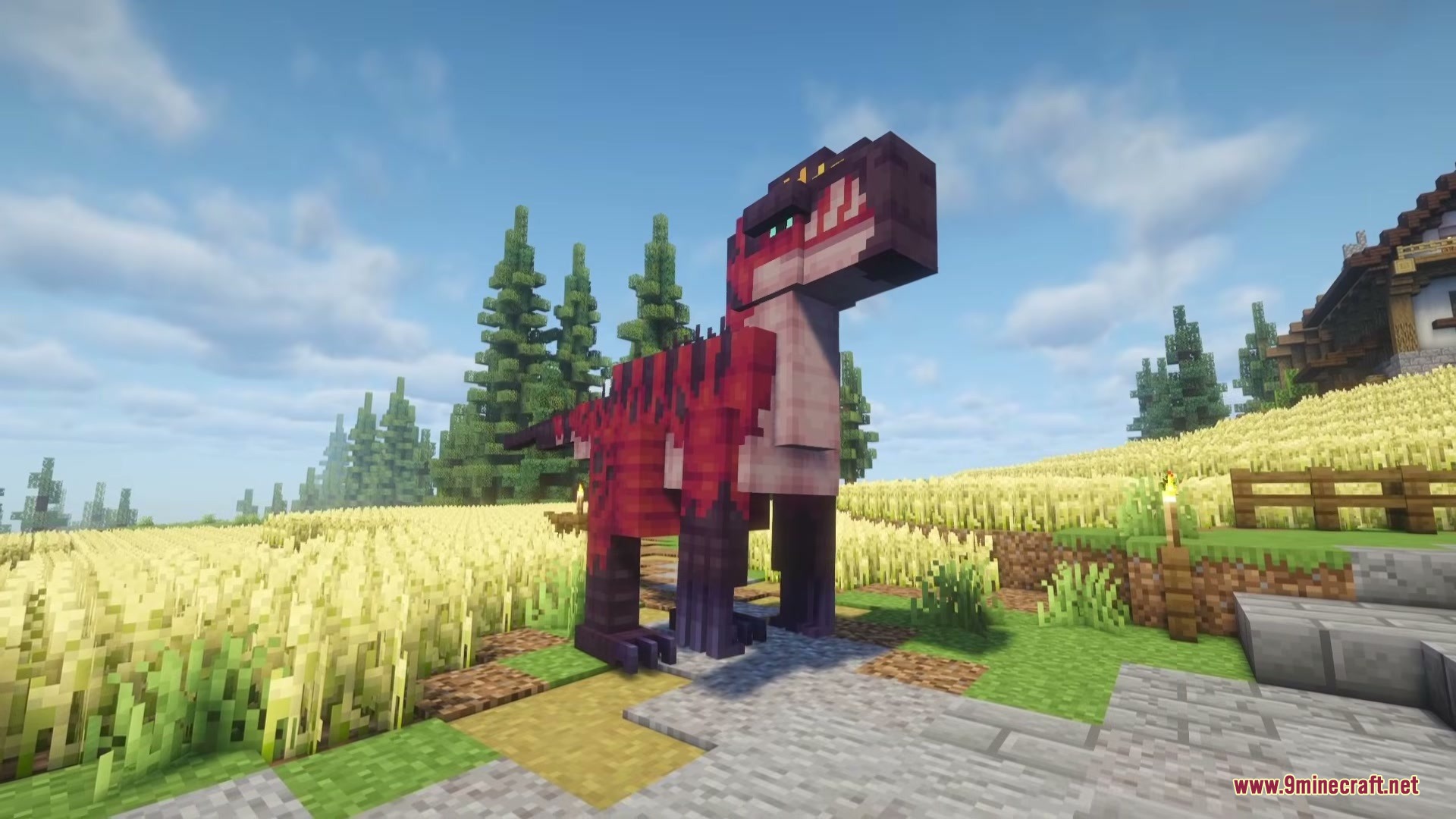 Weird and Wonderful Unusual Prehistory 2 Addon Mod Screenshot 1 A large red and black Neovenator dinosaur standing in a Minecraft wheat field