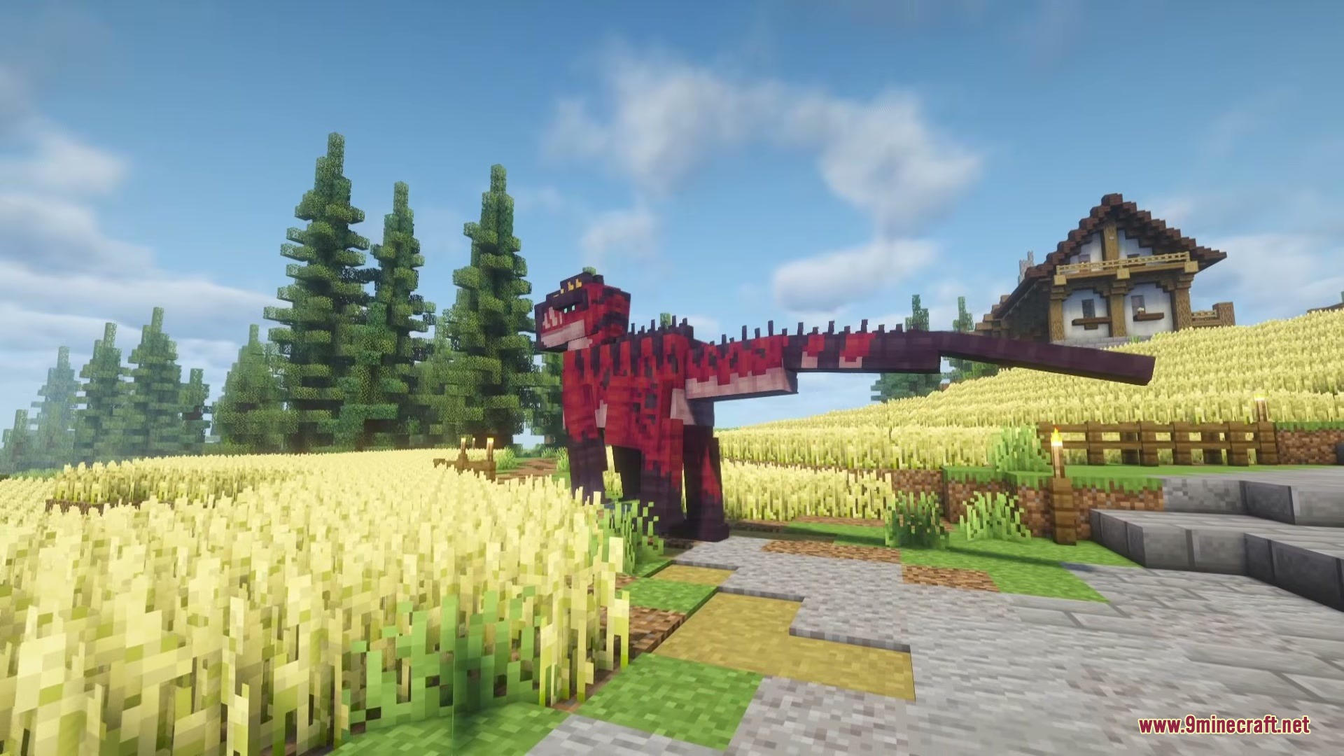 Weird and Wonderful Unusual Prehistory 2 Addon Mod Screenshot 2 The red Neovenator dinosaur shows its long tail in a Minecraft field