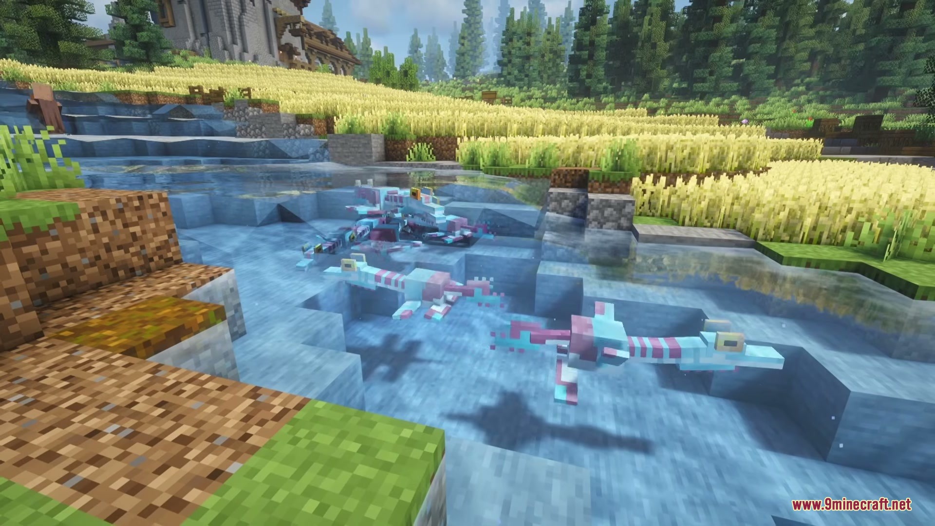 Weird and Wonderful Unusual Prehistory 2 Addon Mod Screenshot 3 Pink and blue Guizhouichthyosaurus swimming in a clear river near a wheat field