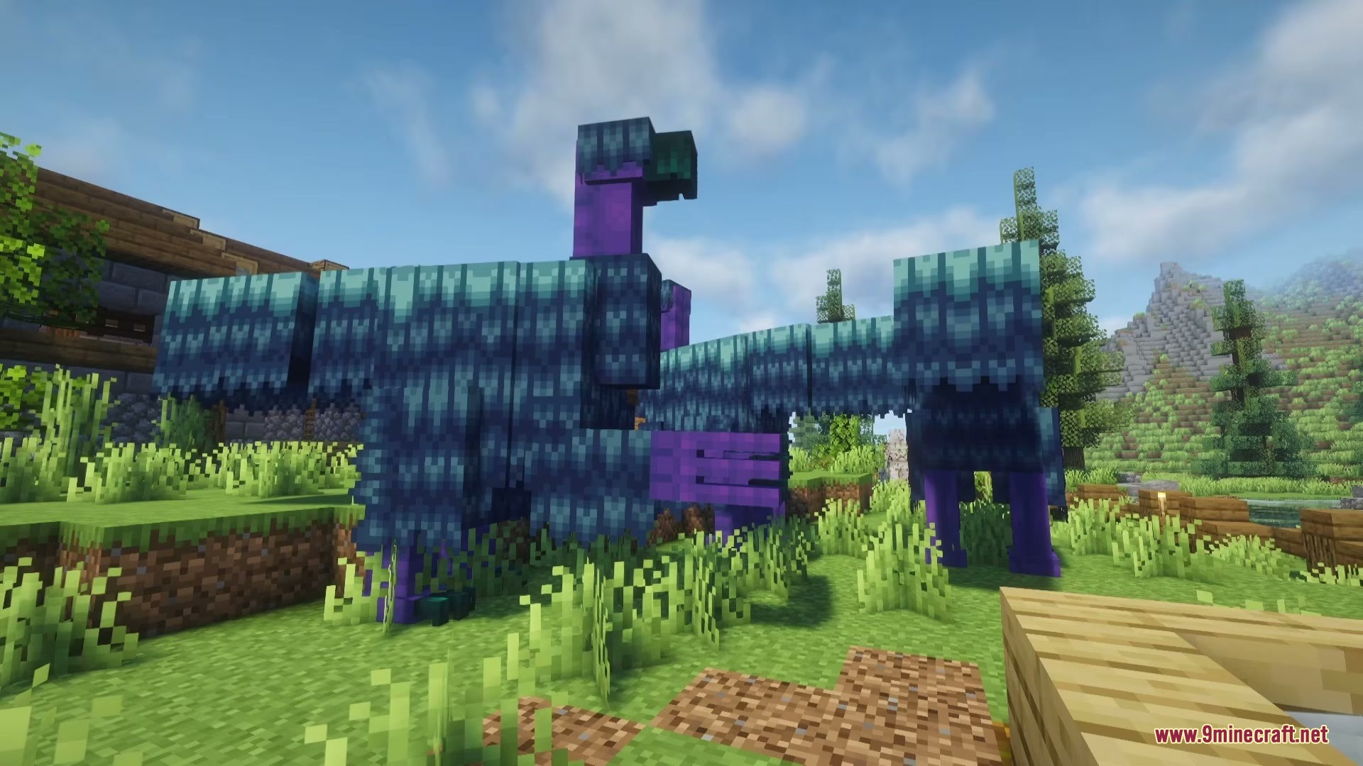 Weird and Wonderful Unusual Prehistory 2 Addon Mod Screenshot 4 A massive Suzhousaurus with blue and purple feathers standing on a grassy field