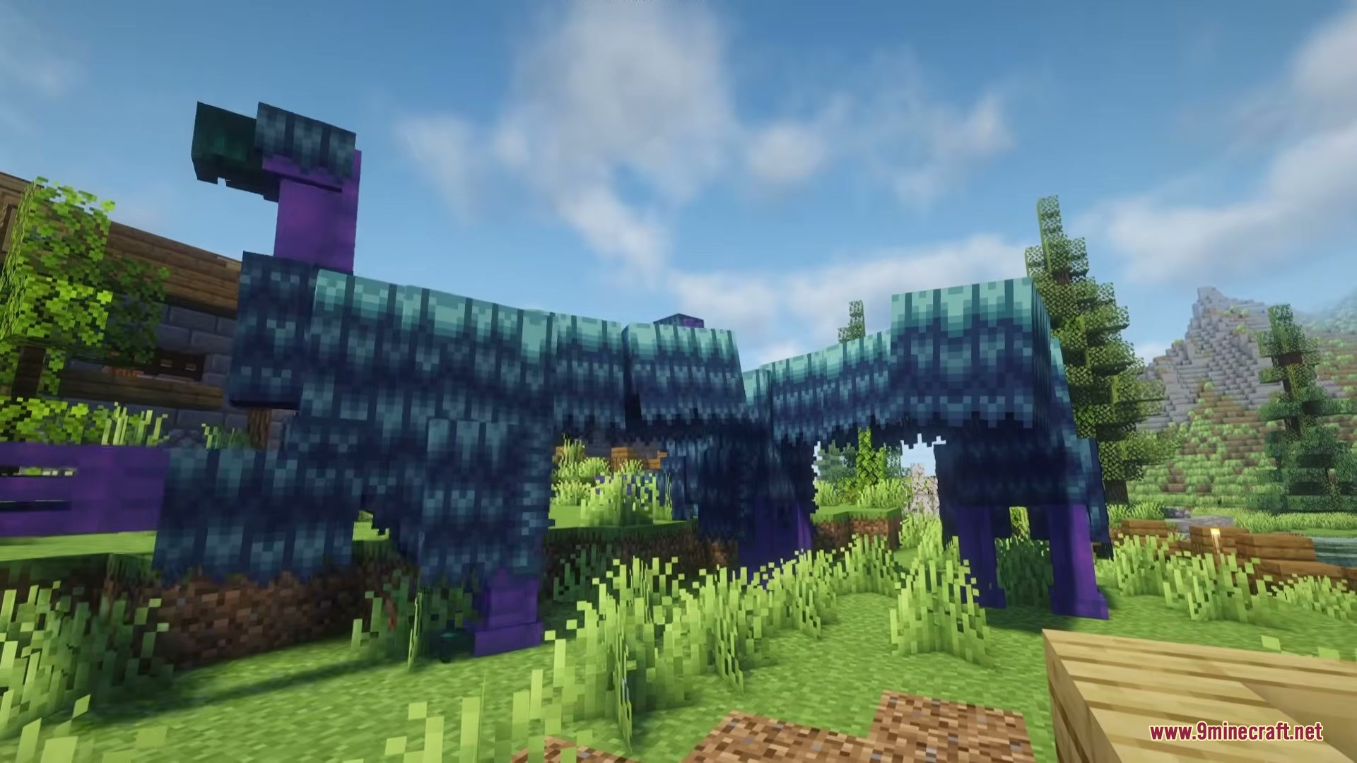 Weird and Wonderful Unusual Prehistory 2 Addon Mod Screenshot 5 A large purple Suzhousaurus creature standing in a lush green Minecraft field