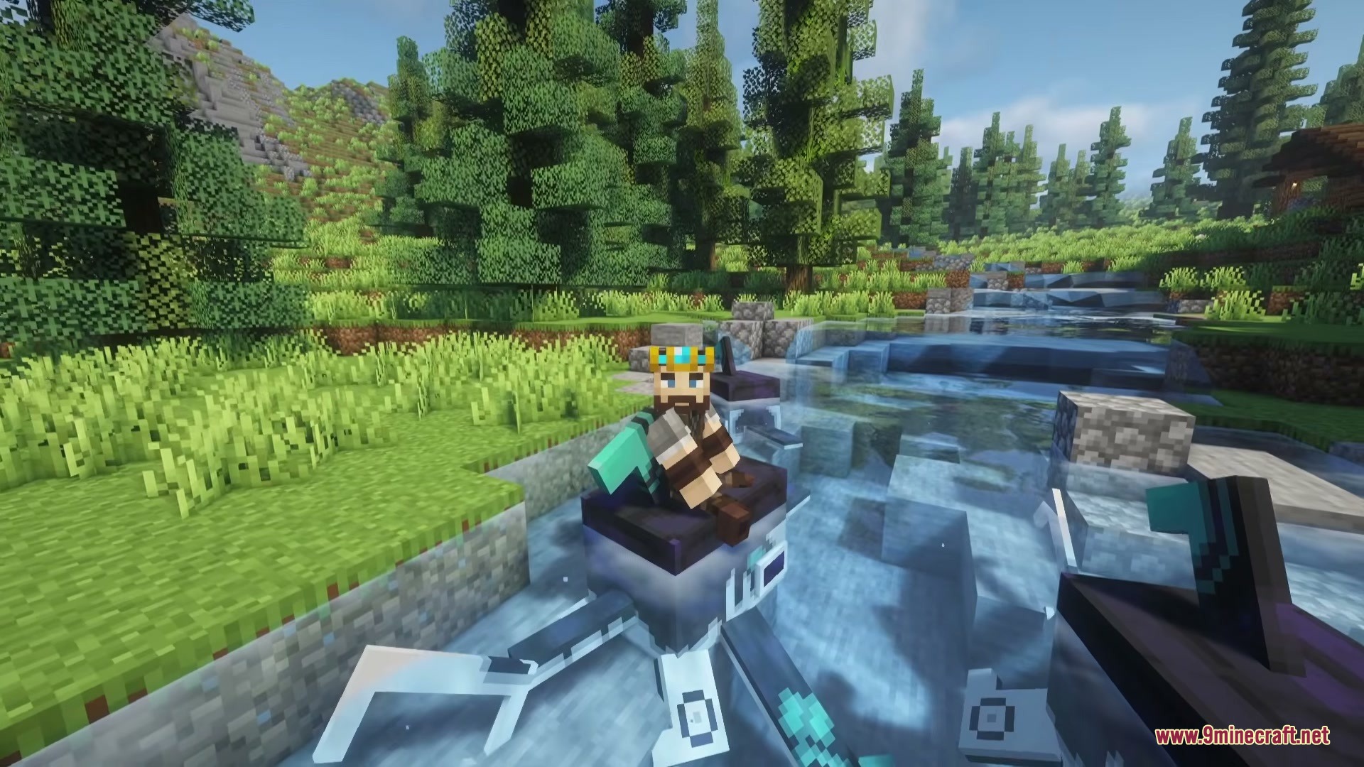 Weird and Wonderful Unusual Prehistory 2 Addon Mod Screenshot 6 Crowned player character riding a Guizhouichthyosaurus through a clear forest river