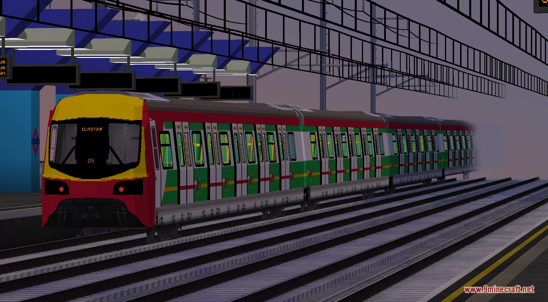 Welshie Rail Resource Pack Screenshot 2 A modern red and green train traveling on tracks through a large railway station